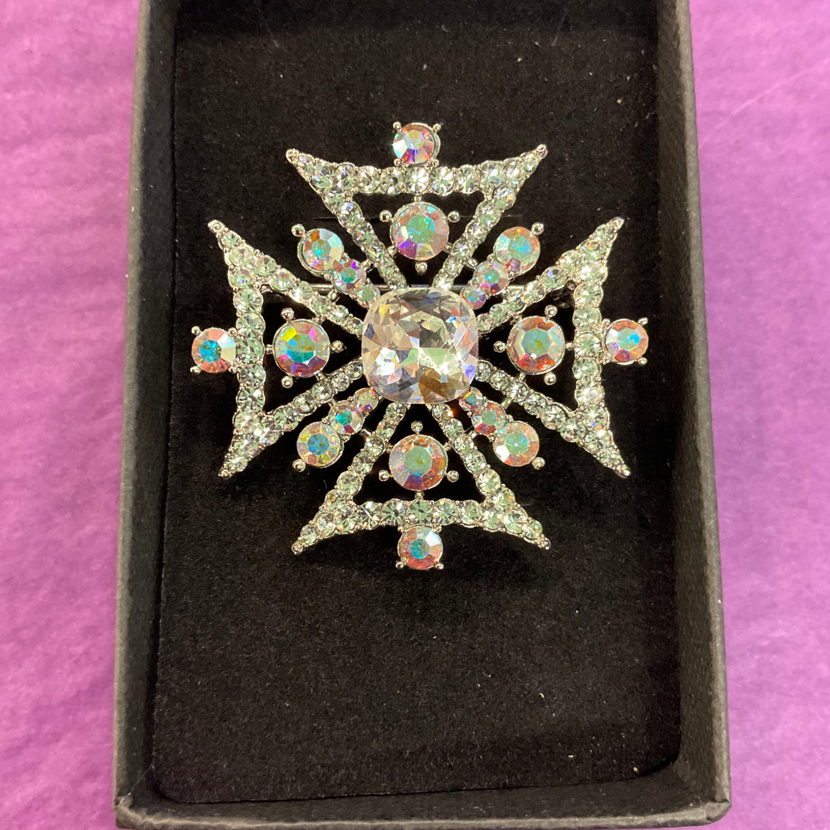 Vintage Butler and Wilson Silver and Aurora Borealis Crystal Maltese Cross Brooch