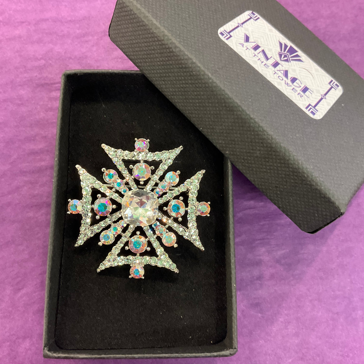 Vintage Butler and Wilson Silver and Aurora Borealis Crystal Maltese Cross Brooch
