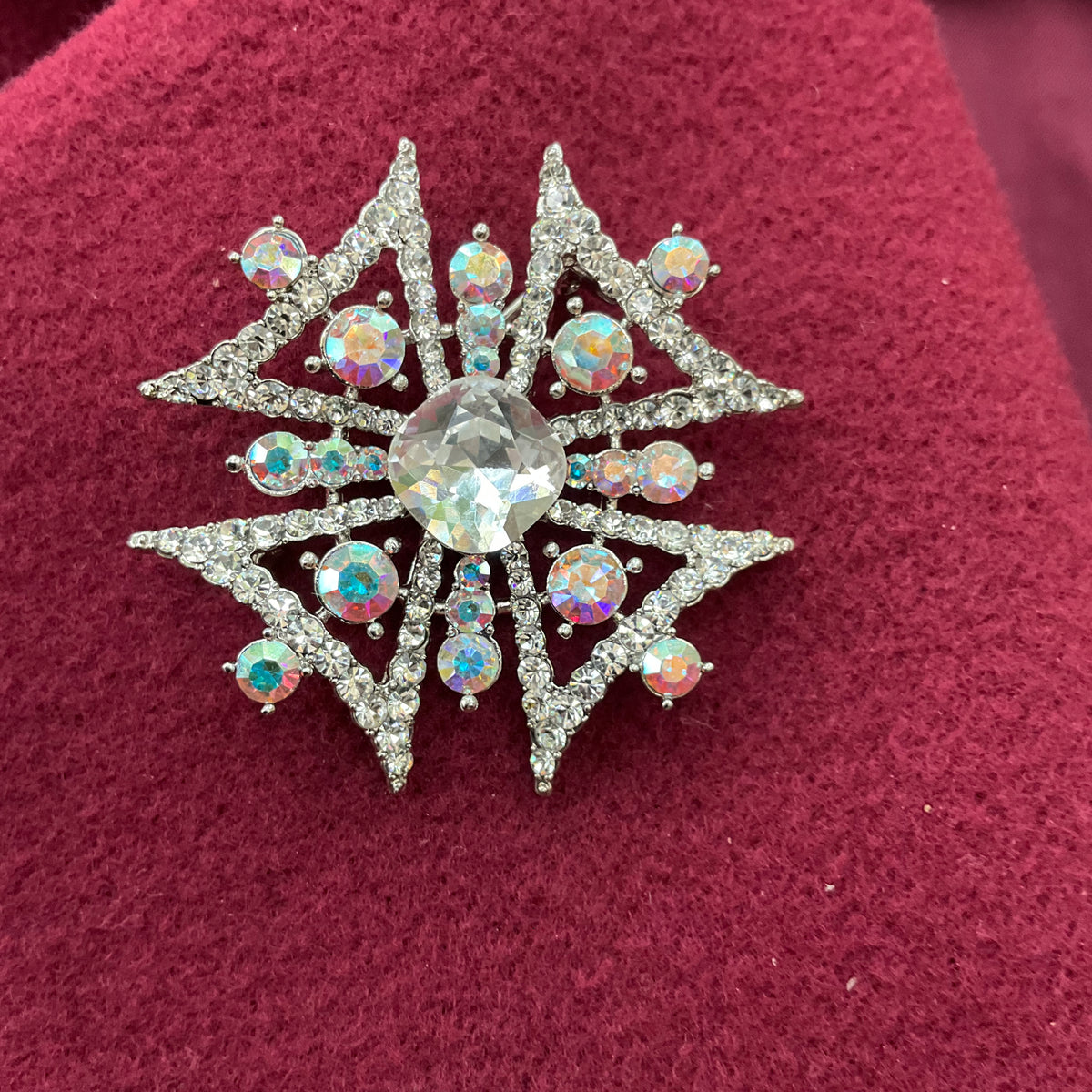 Vintage Butler and Wilson Silver and Aurora Borealis Crystal Maltese Cross Brooch