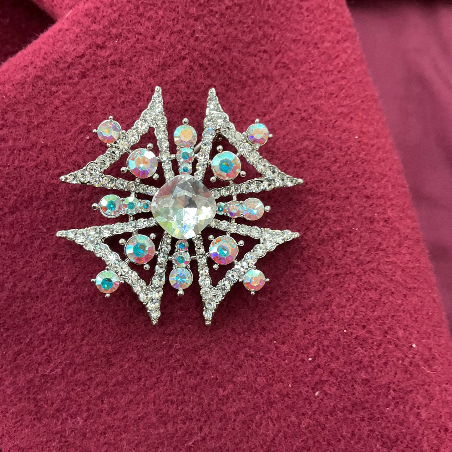 Vintage Butler and Wilson Silver and Aurora Borealis Crystal Maltese Cross Brooch