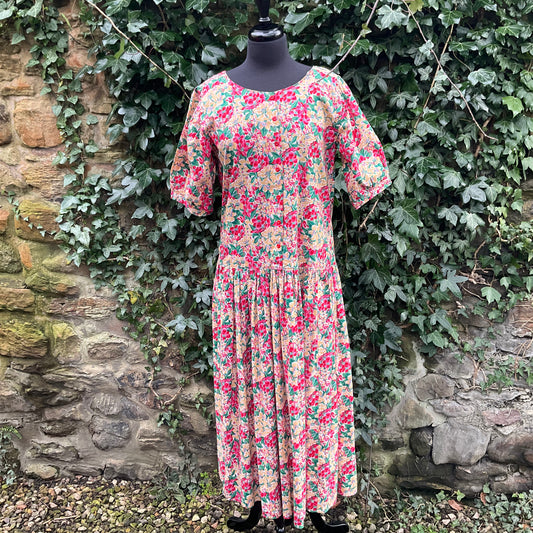 Vintage Handmade 1980s Bohemian Liberty cotton Floral Long tea dress, size 12/14