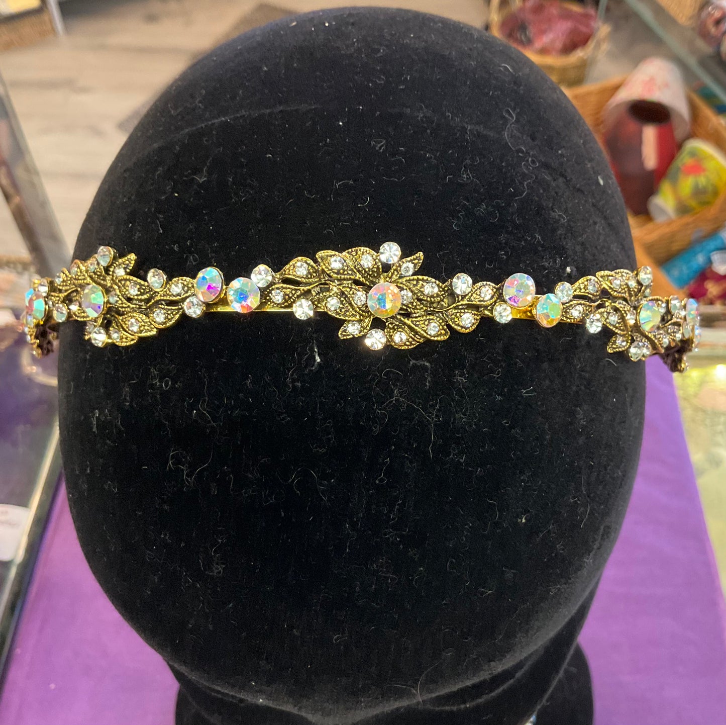 Vintage style Rosie Fox gold tone Rainbow Borealis crystal hairband