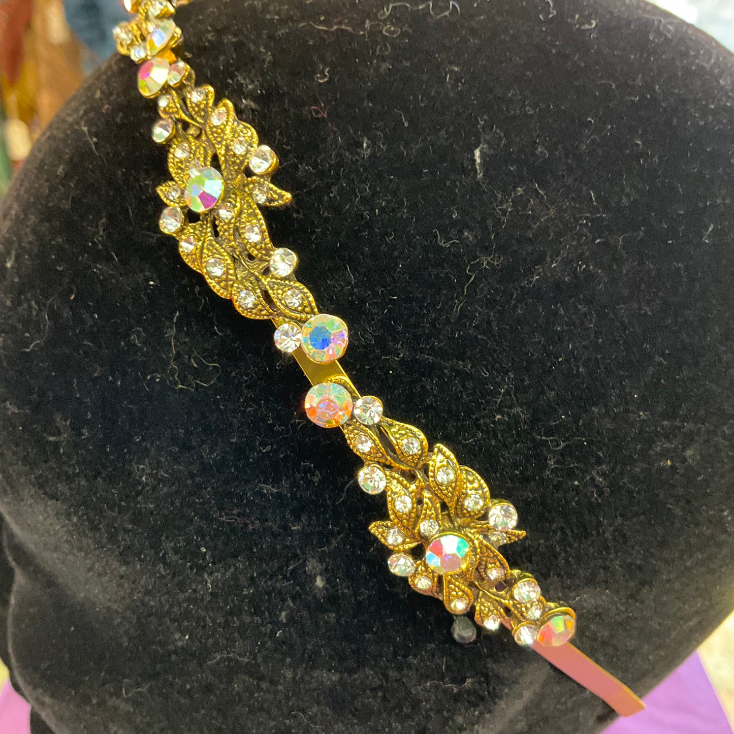 Vintage style Rosie Fox gold tone Rainbow Borealis crystal hairband