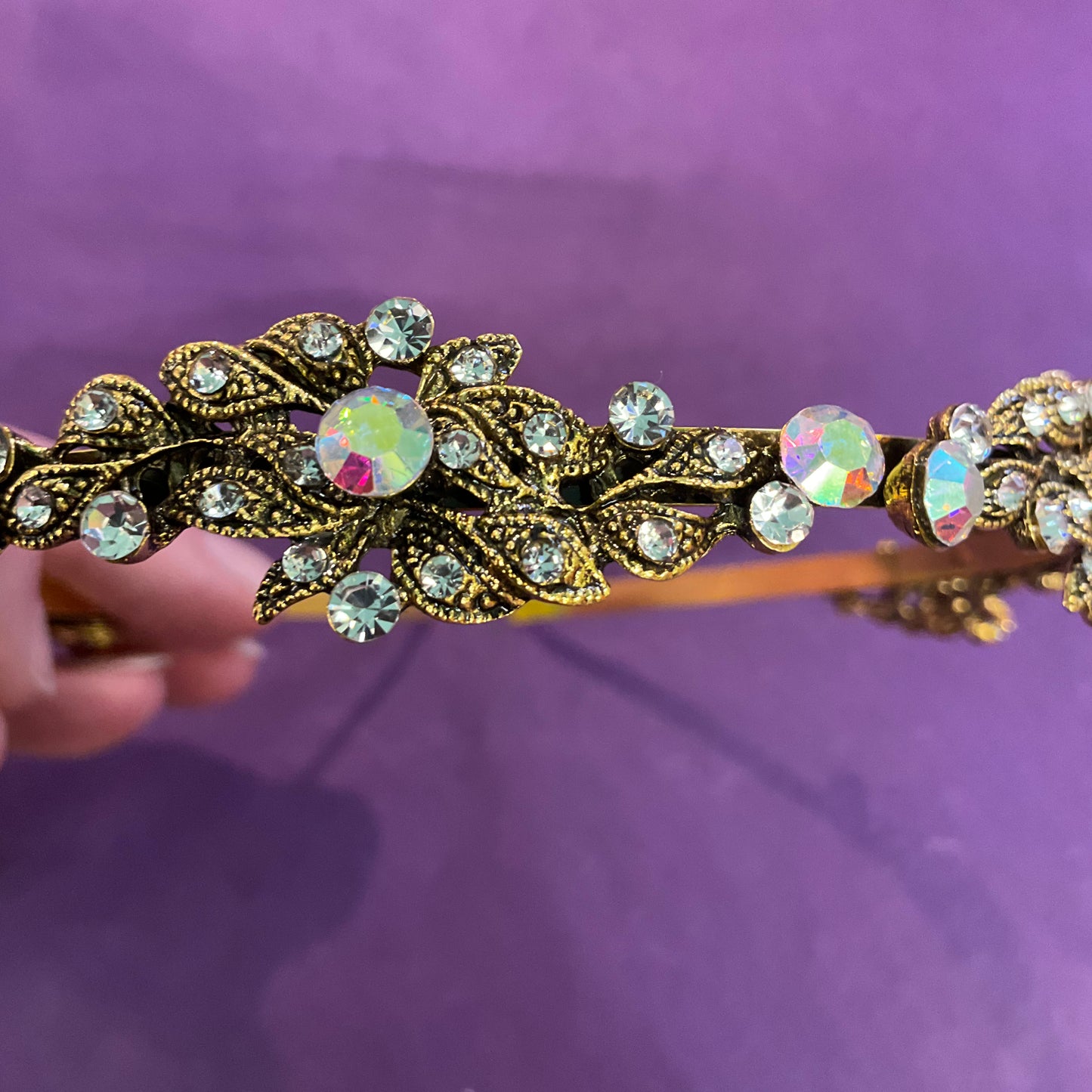 Vintage style Rosie Fox gold tone Rainbow Borealis crystal hairband