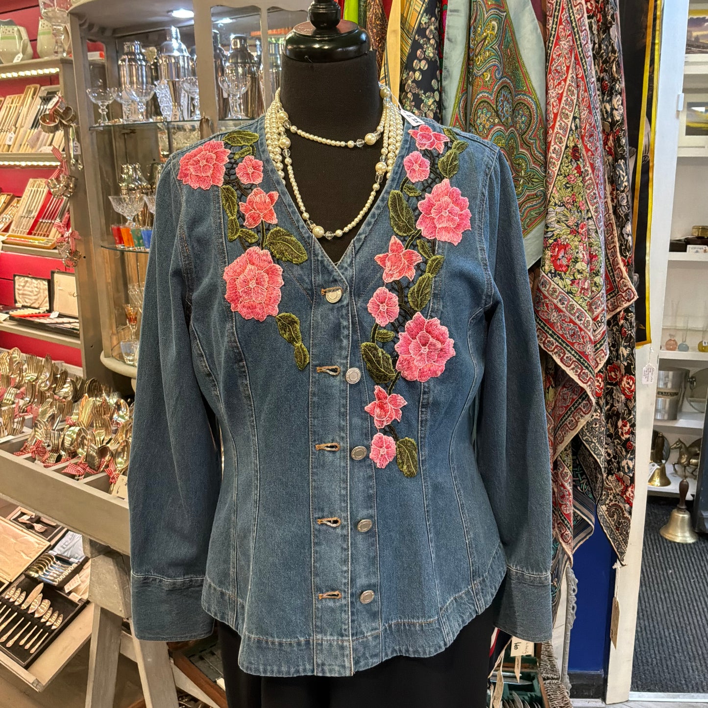 Unique Upcycled Vintage Collarless Denim Jacket with Indian Guipire Lace, Size 10/12