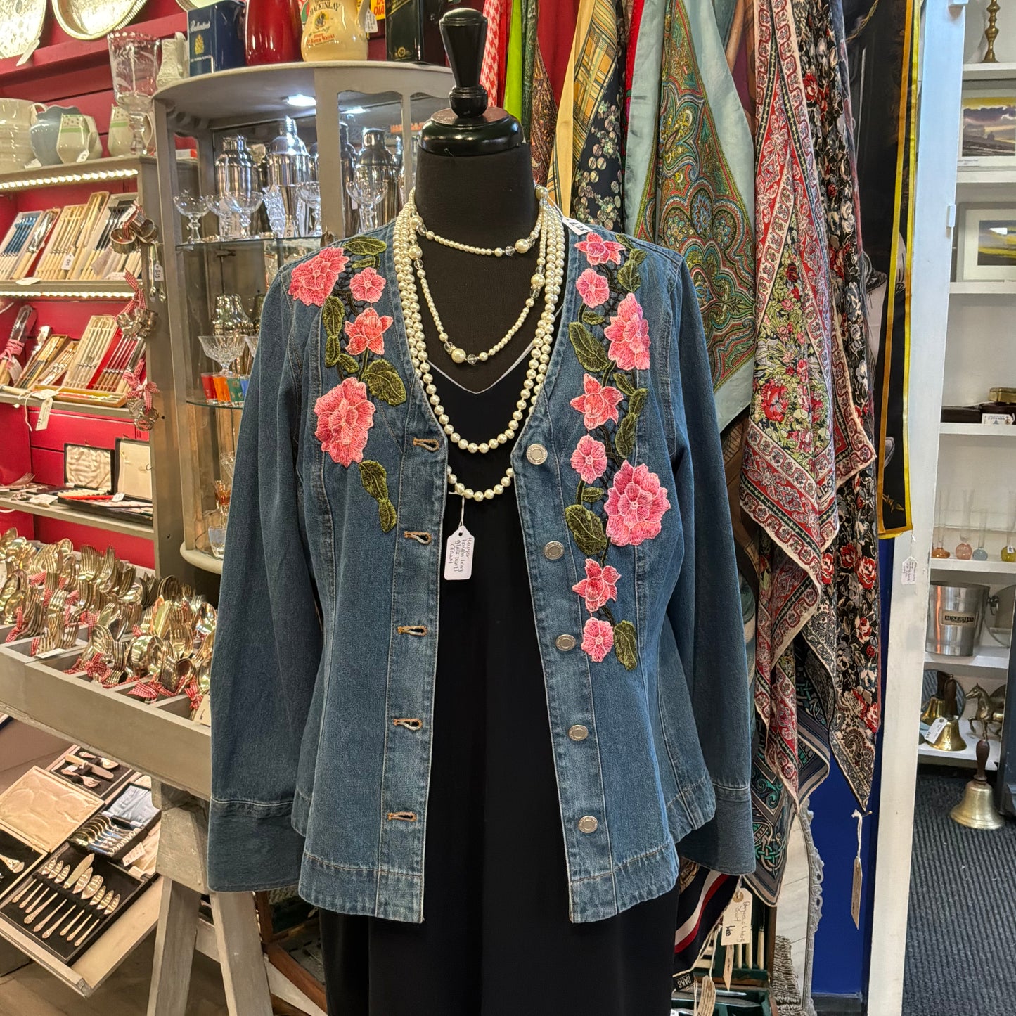 Unique Upcycled Vintage Collarless Denim Jacket with Indian Guipire Lace, Size 10/12