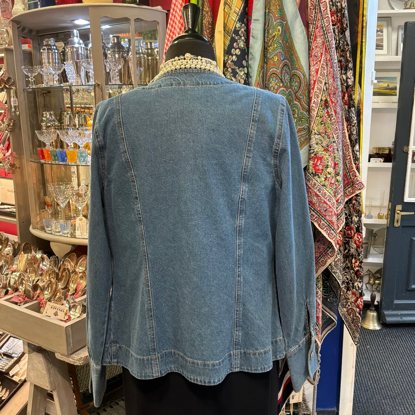 Unique Upcycled Vintage Collarless Denim Jacket with Indian Guipire Lace, Size 10/12