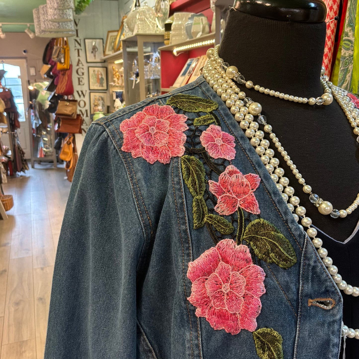 Unique Upcycled Vintage Collarless Denim Jacket with Indian Guipire Lace, Size 10/12