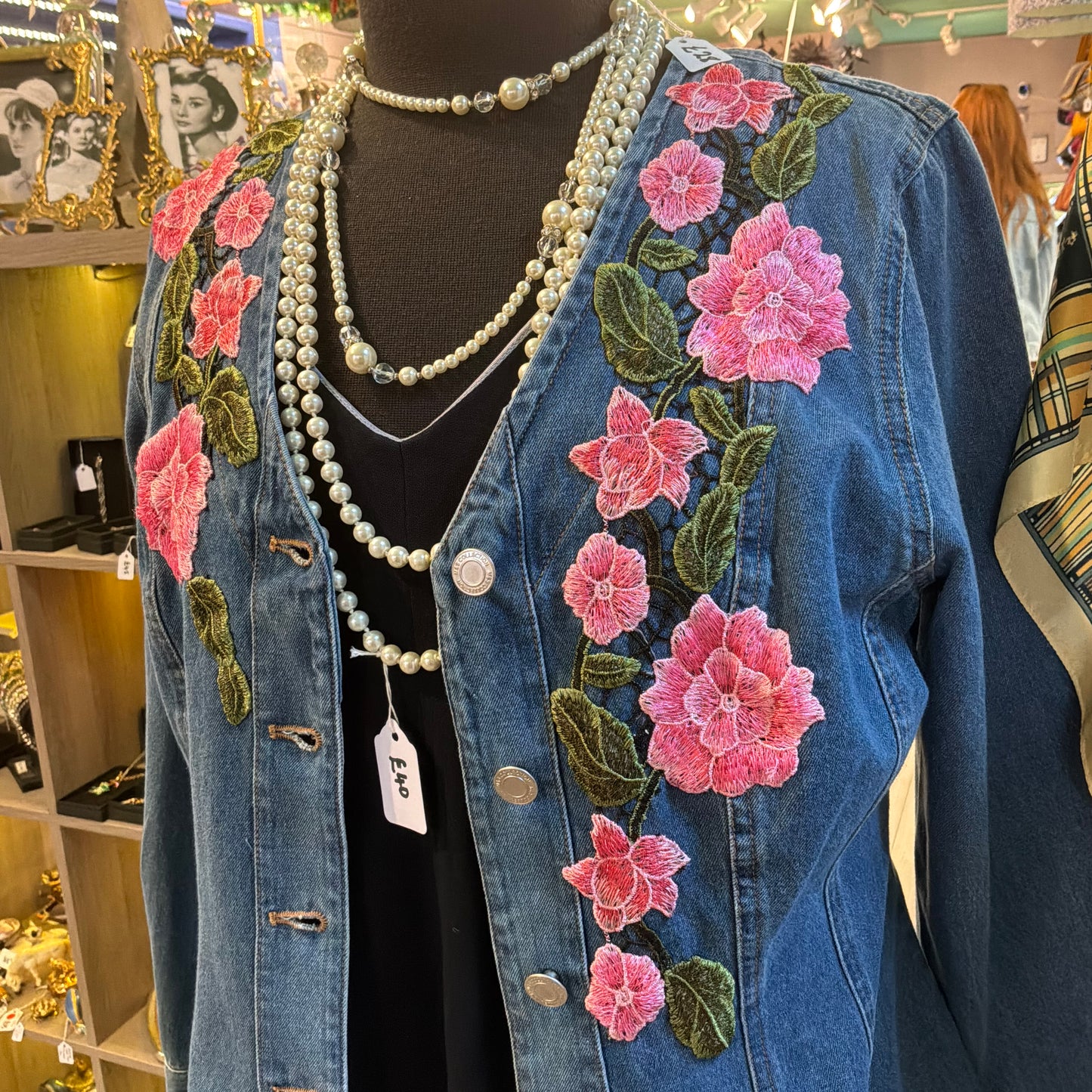 Unique Upcycled Vintage Collarless Denim Jacket with Indian Guipire Lace, Size 10/12