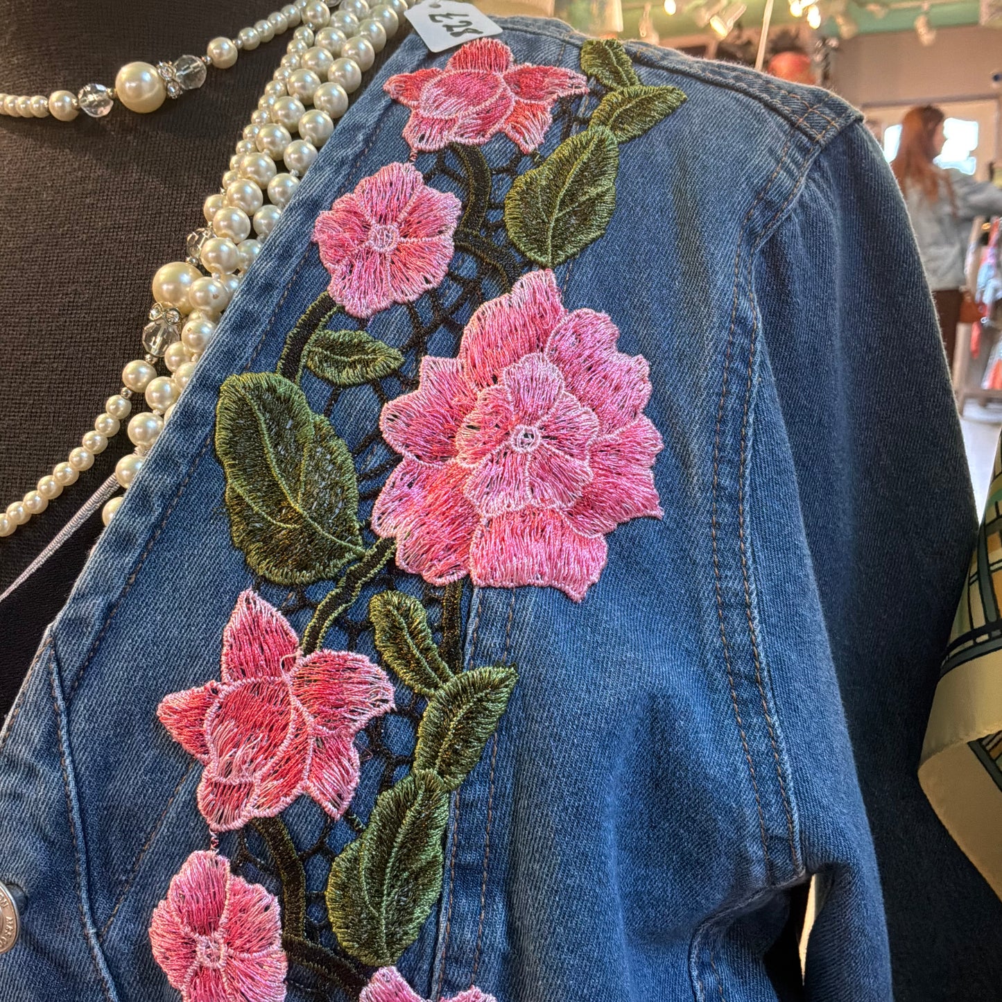 Unique Upcycled Vintage Collarless Denim Jacket with Indian Guipire Lace, Size 10/12