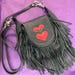 Vintage Red Heart black leather fringed saddlebag, messenger style/cross body. Made in the USA.