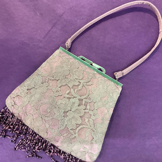 Vintage Art Deco style lace evening bag by Laura Ashley. Fringed hem, wedding, Birthday.