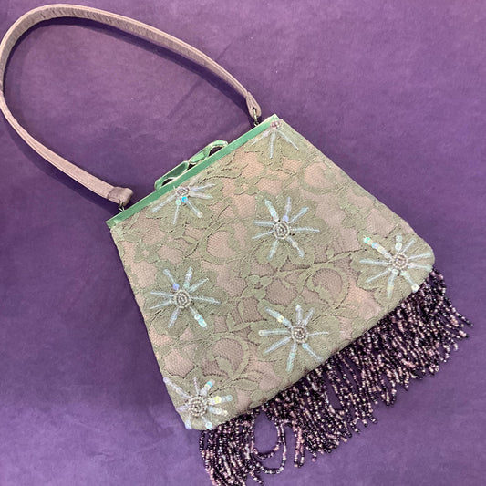 Vintage LAURA ASHLEY Art Deco Style, Lilac Beaded Lace Evening Bag with Fringed Hem, Wedding, Ladies Day , Birthday