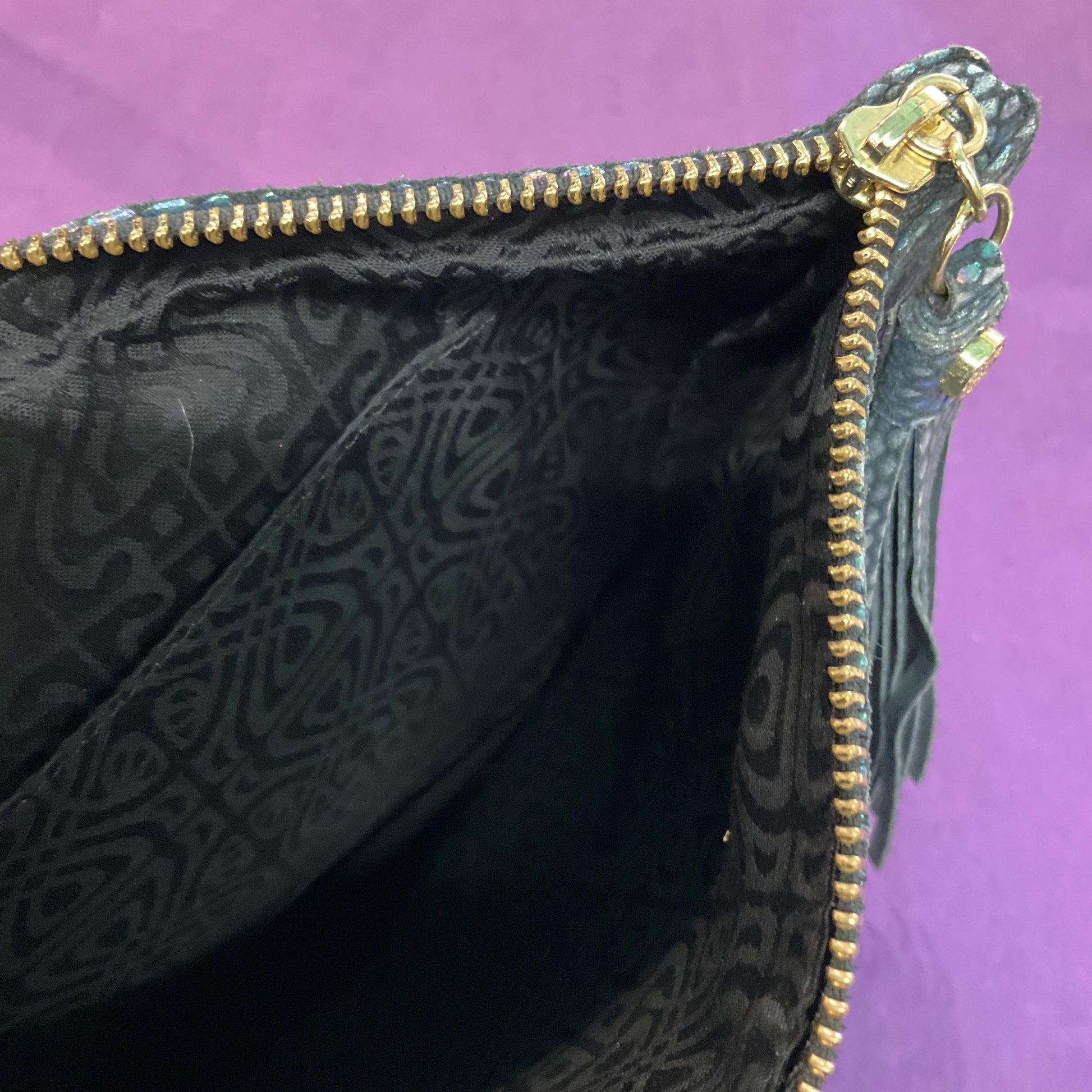 Vintage BIBA Faux leather snakeskin Rainbow borealis large clutch bag with tassel, wedding, formal event, ladies night.