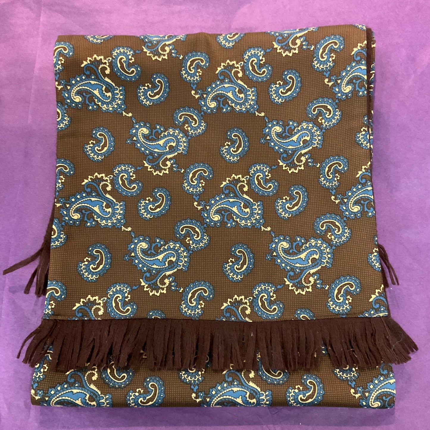 Vintage Tootal Gents Doubled sided Gents Fringed scarf, brown, blue & gold Paisley Silky Tricel and brown wool , vintage man, gifts for him