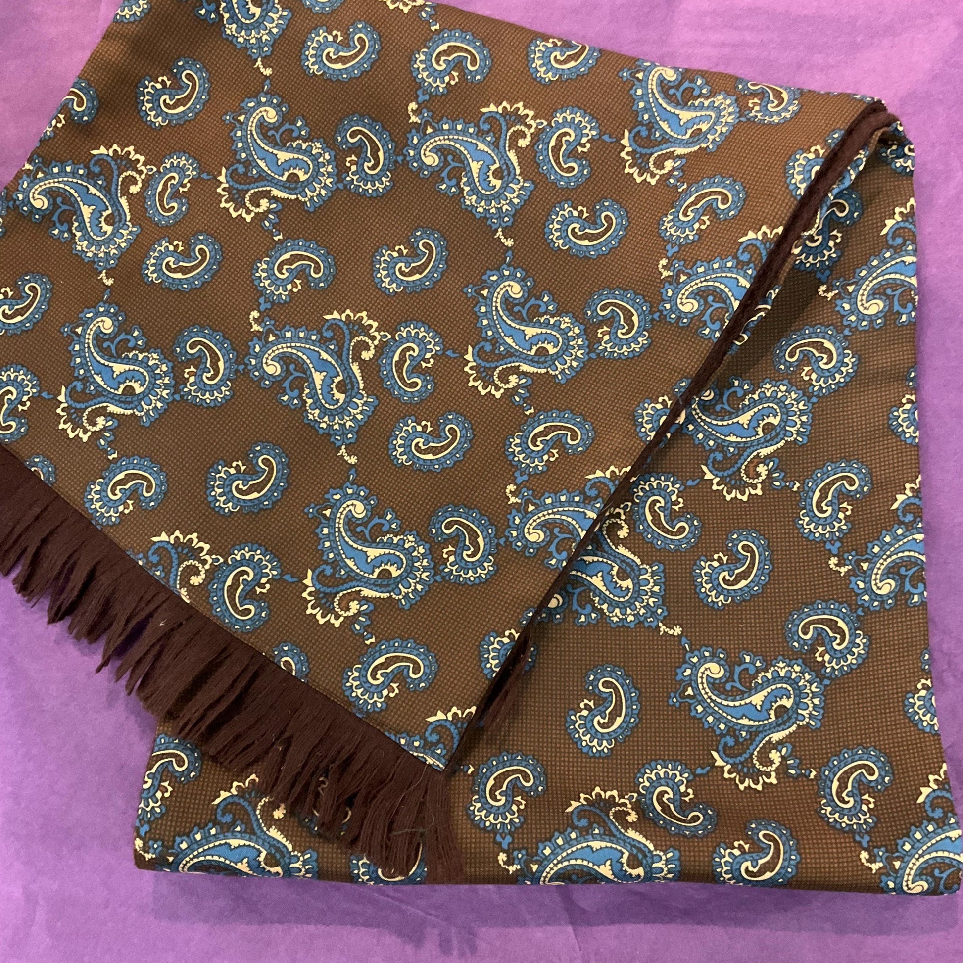 Vintage Tootal Gents Doubled sided Gents Fringed scarf, brown, blue & gold Paisley Silky Tricel and brown wool , vintage man, gifts for him