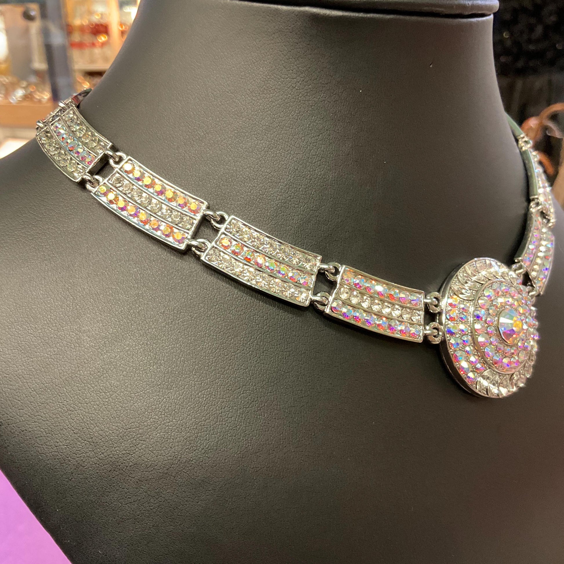 Vintage Butler and Wilson Silver Crystal Statement Panel Necklace, Sparkling Silver & Aurora Borealis Rhinestone Crystals, Signed as new