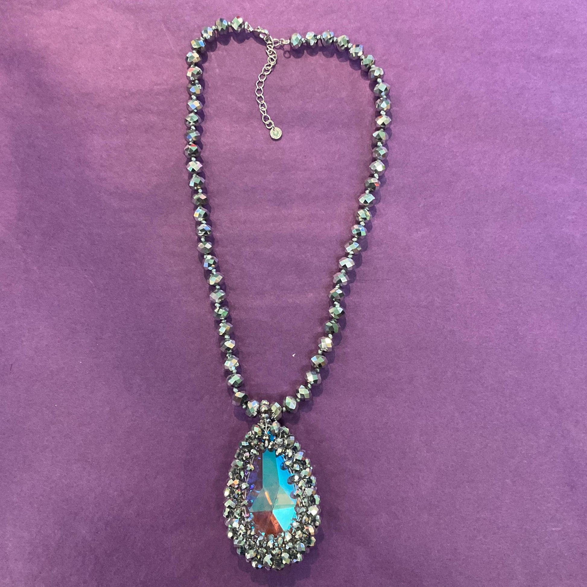 Vintage Butler and Wilson Large Blue Borealis Crystal Pendant, Silver faceted crystal beaded chain, Signed in original box, gifts for her