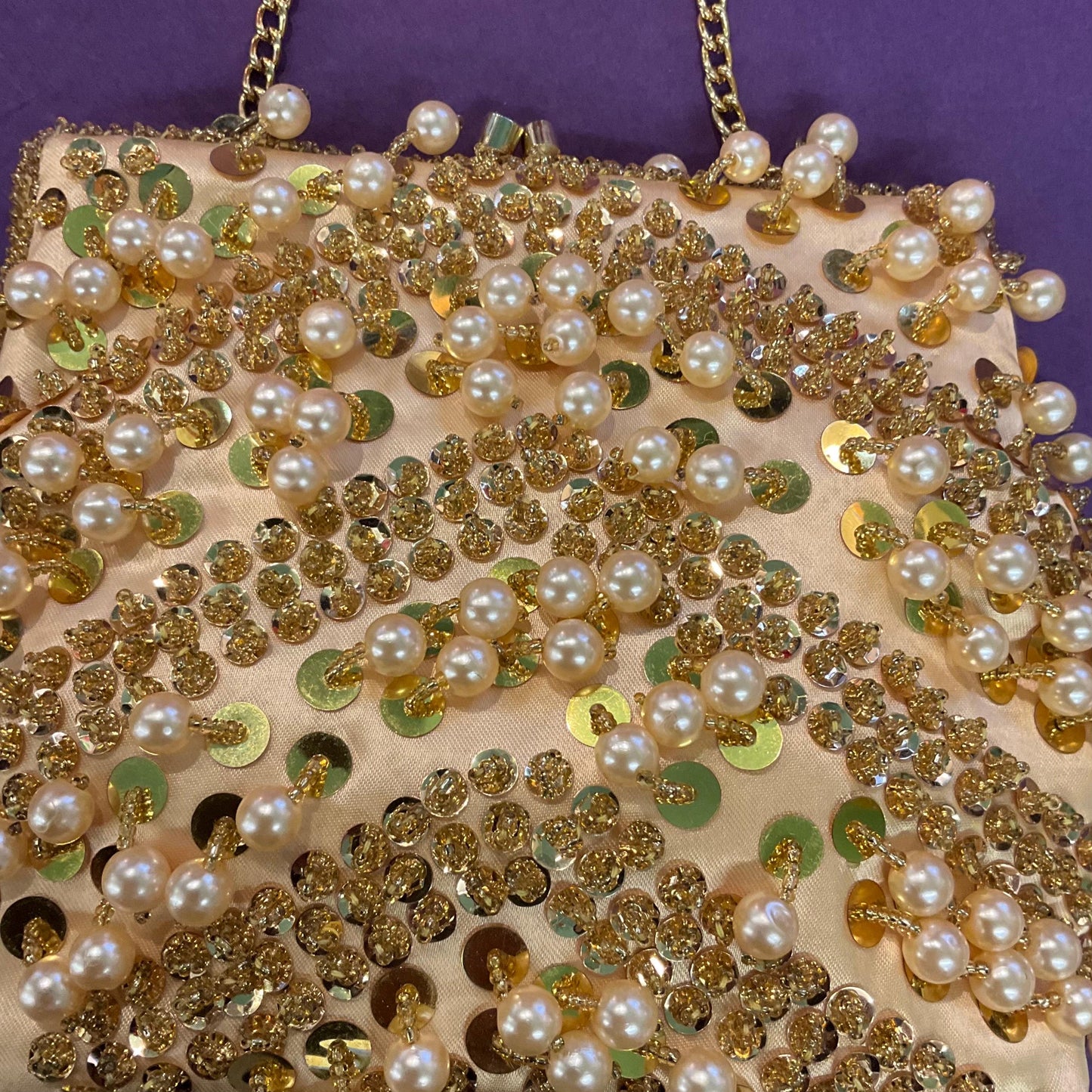 Vintage 1950s/60s Gold Satin Beaded Evening Bag, Hand made with sequins, beads and faux pearl decoration, wedding, formal event