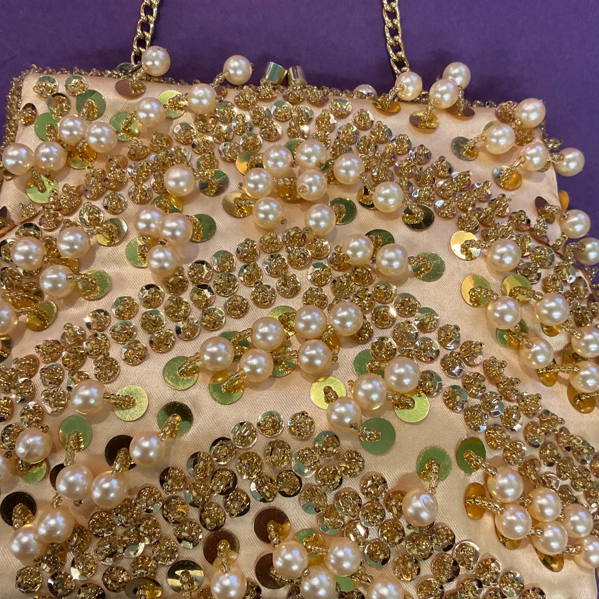 Vintage 1950s/60s Gold Satin Beaded Evening Bag, Hand made with sequins, beads and faux pearl decoration, wedding, formal event