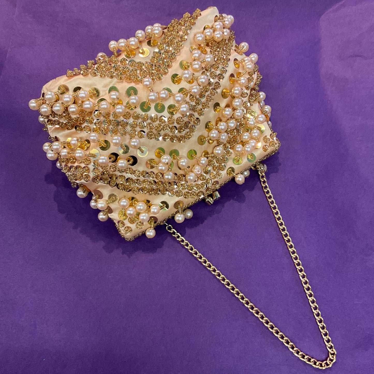 Vintage 1950s/60s Gold Satin Beaded Evening Bag, Hand made with sequins, beads and faux pearl decoration, wedding, formal event