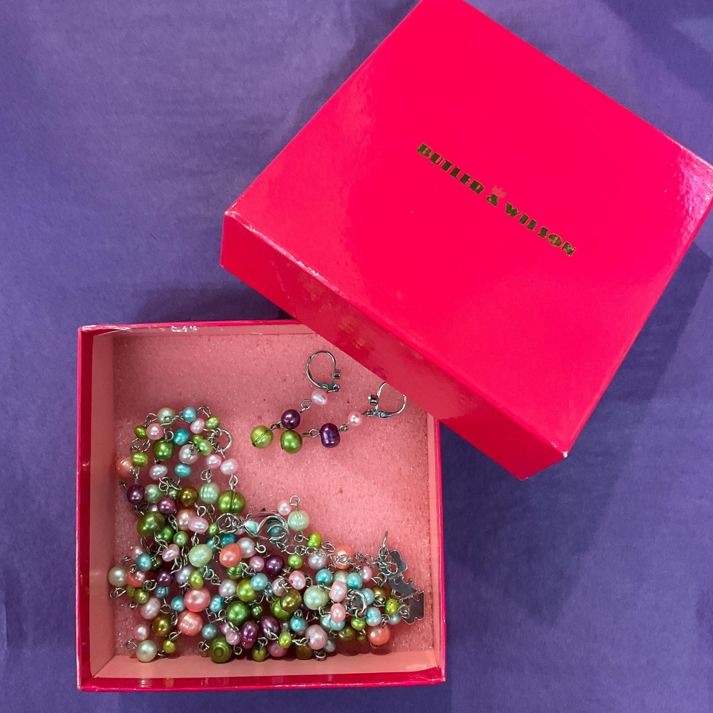 Vintage Butler and Wilson Fresh Water Pearl Multistrand Beaded Necklace and Drop Earring Set, rainbow pastel shades, signed in original box