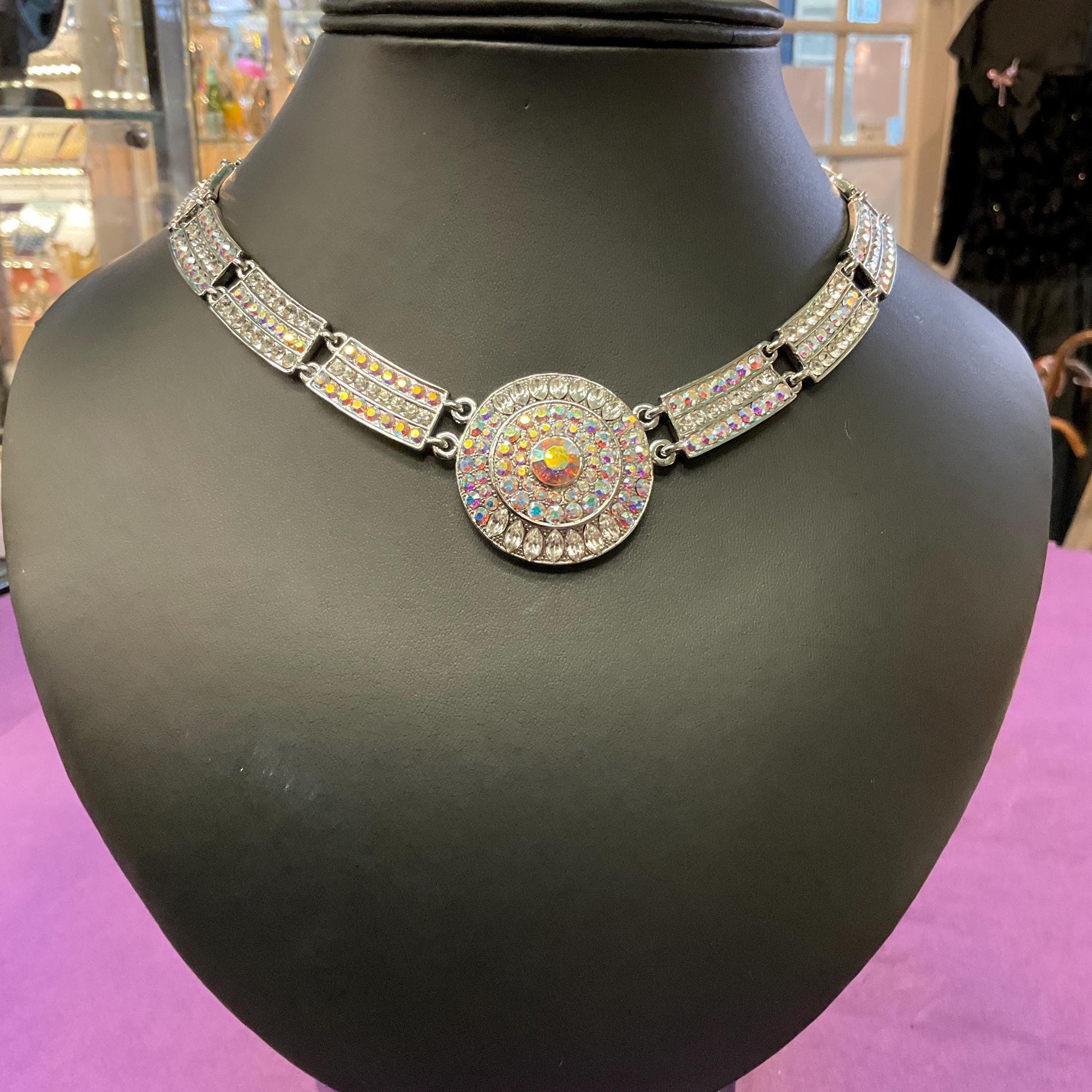 Vintage Butler and Wilson Silver Crystal Statement Panel Necklace, Sparkling Silver & Aurora Borealis Rhinestone Crystals, Signed as new