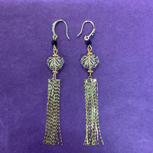 Vintage Art Deco Style Gold Plated Starstone Tassel Long Drop Earrings by Rosie Fox, Crystal leaf charm , New in original packing