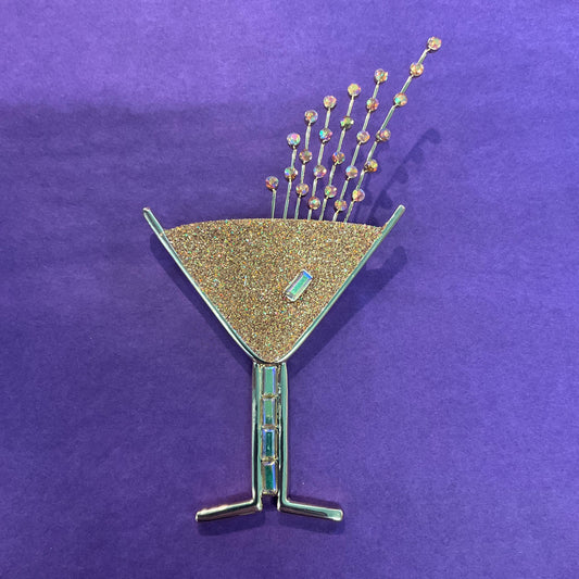 Vintage Butler and Wilson Oversized Pink Cocktail Glass Brooch, Rose Gold Tone with aurora glitter and Rhinestone Crystal, Signed in box