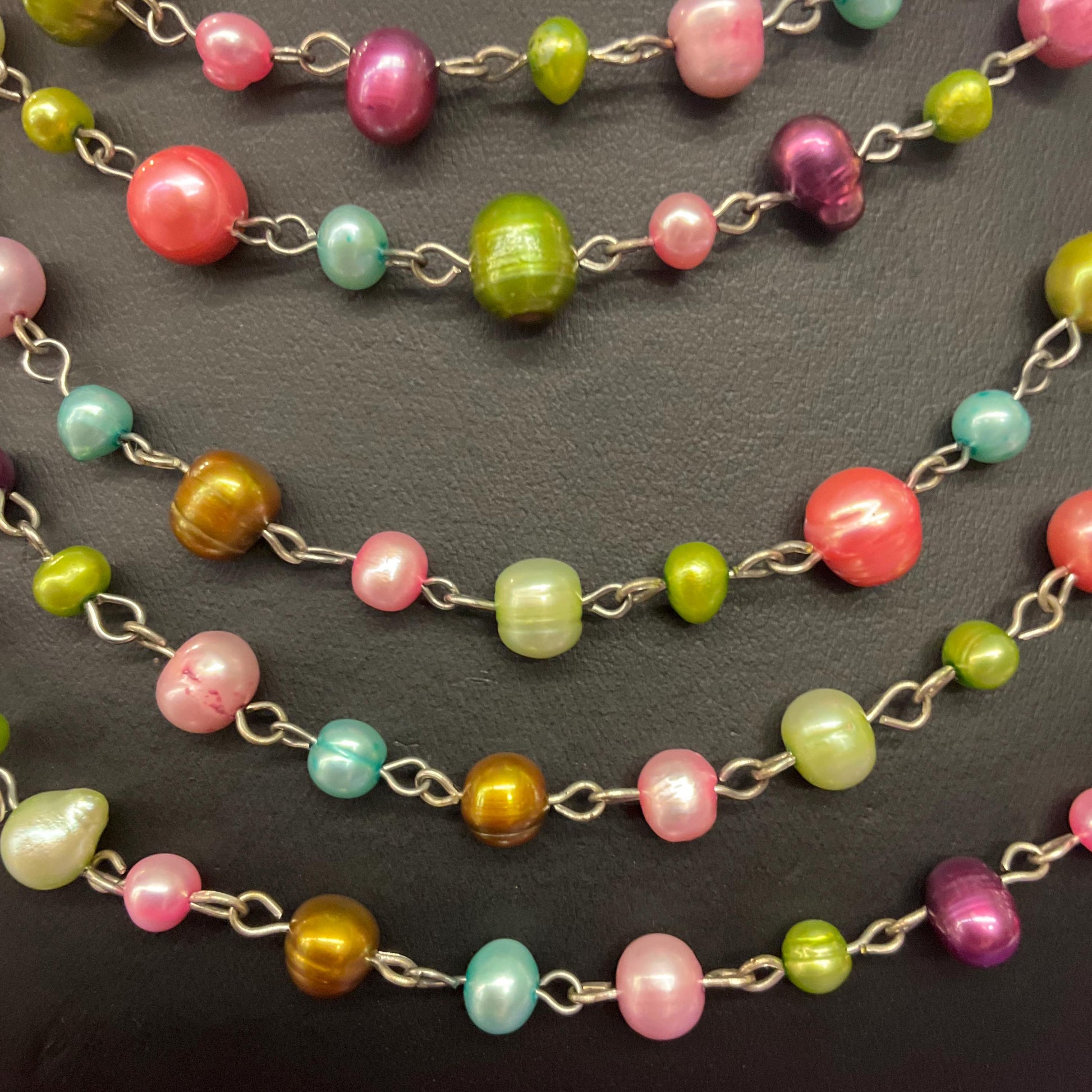 Vintage Butler and Wilson Fresh Water Pearl Multistrand Beaded Necklace and Drop Earring Set, rainbow pastel shades, signed in original box