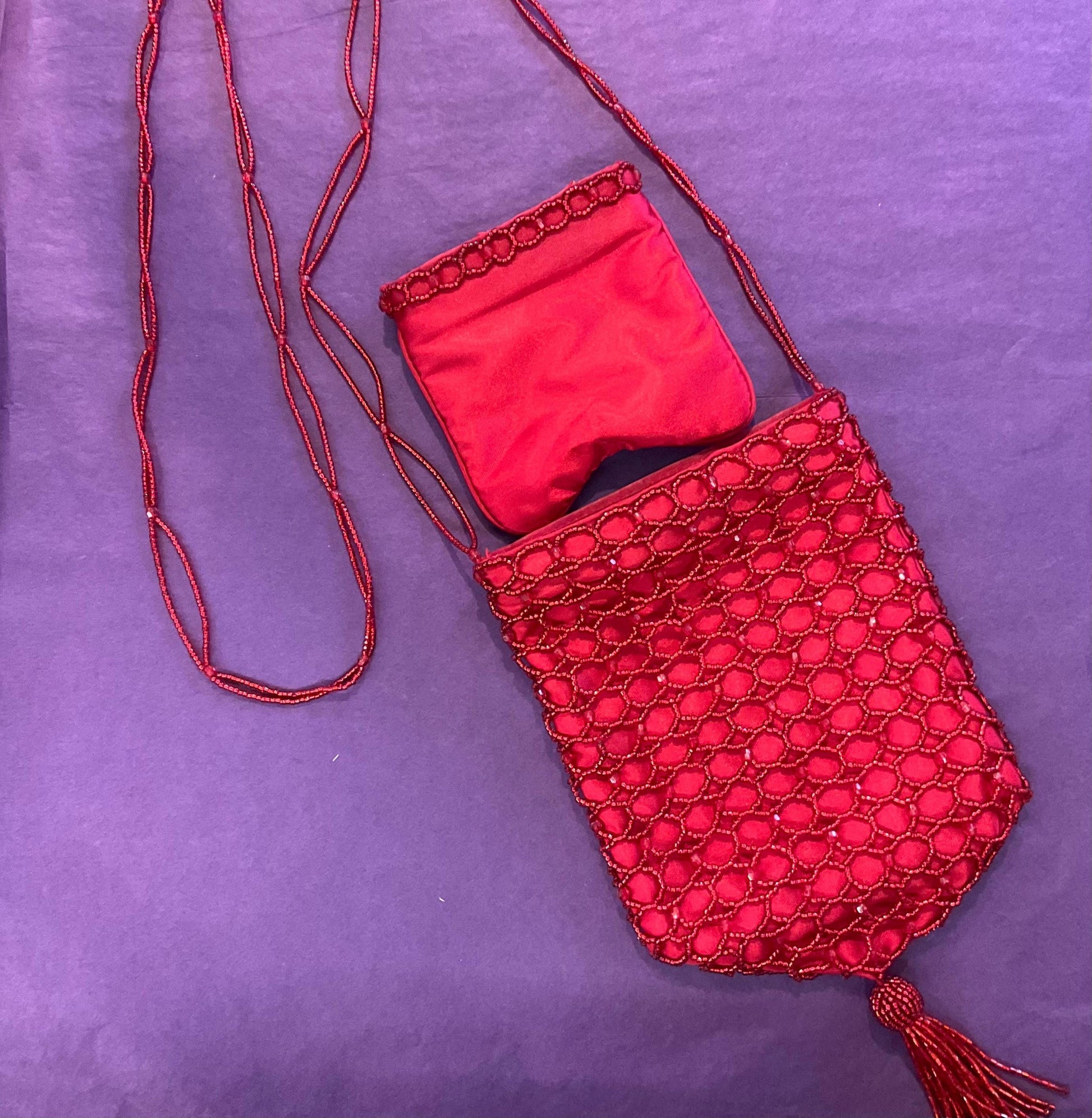 Vintage 1980s St Michael Red Satin Beaded Evening Bag, With Matching Coin Purse, Beaded Shoulder Strap