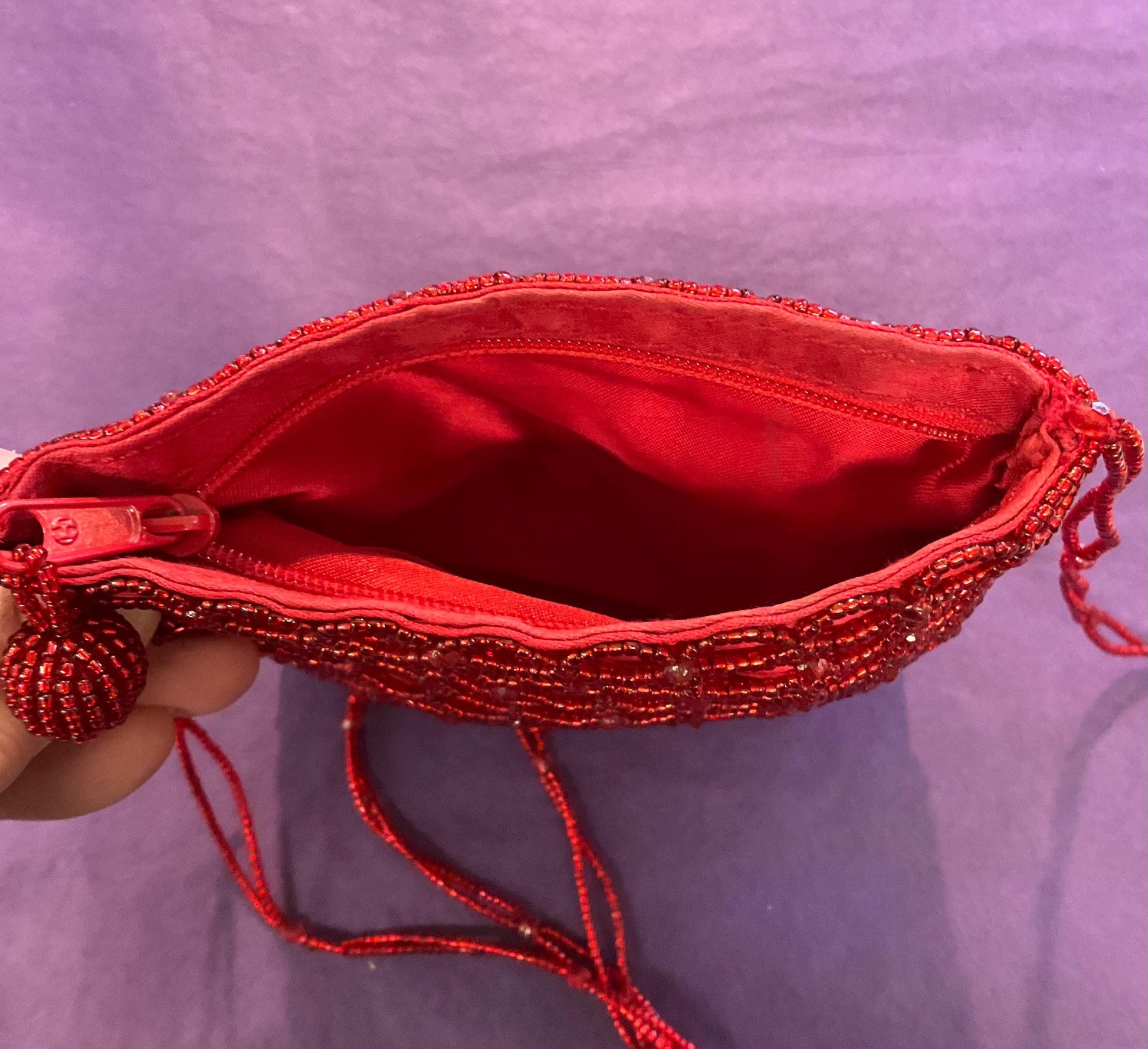 Vintage 1980s St Michael Red Satin Beaded Evening Bag, With Matching Coin Purse, Beaded Shoulder Strap