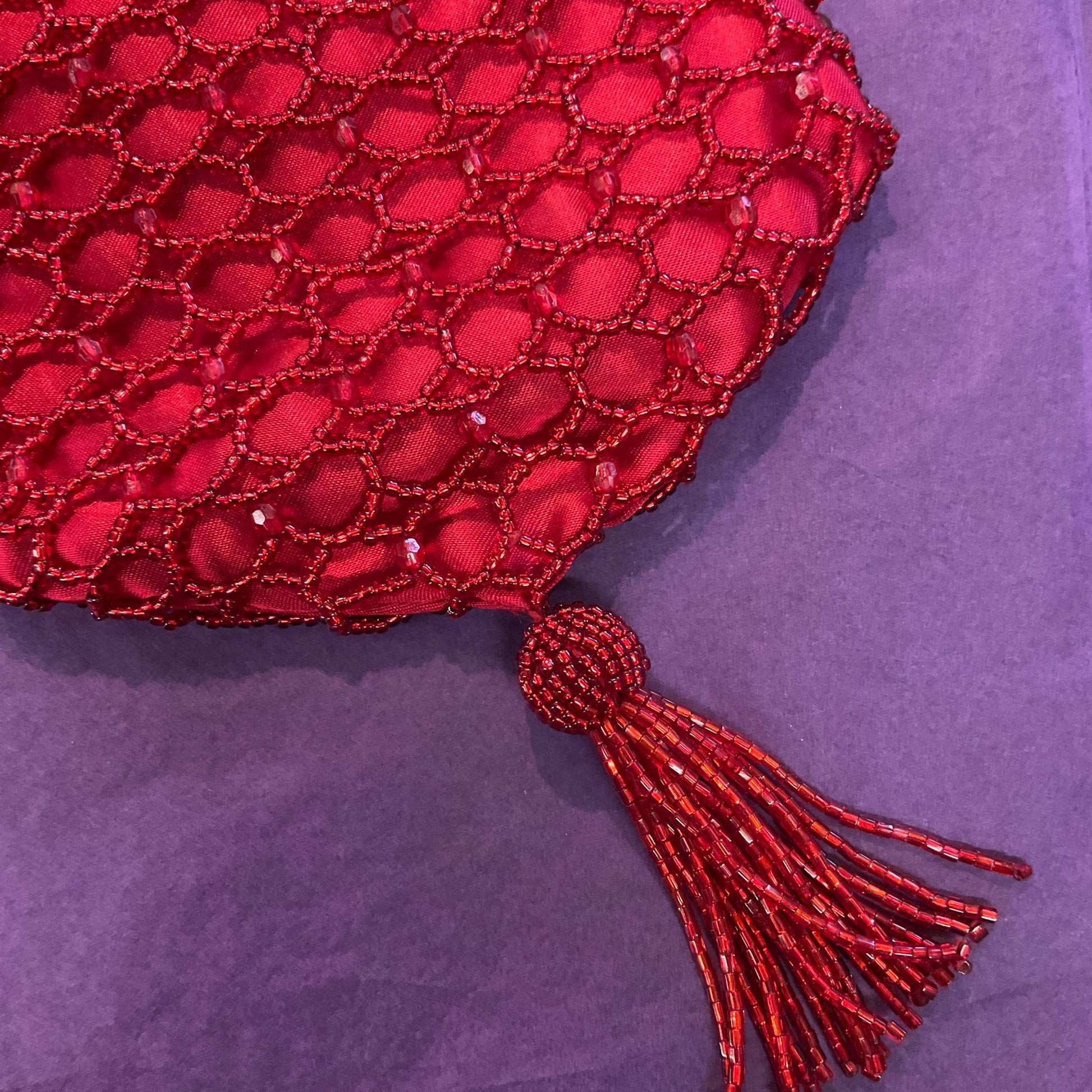 Vintage 1980s St Michael Red Satin Beaded Evening Bag, With Matching Coin Purse, Beaded Shoulder Strap