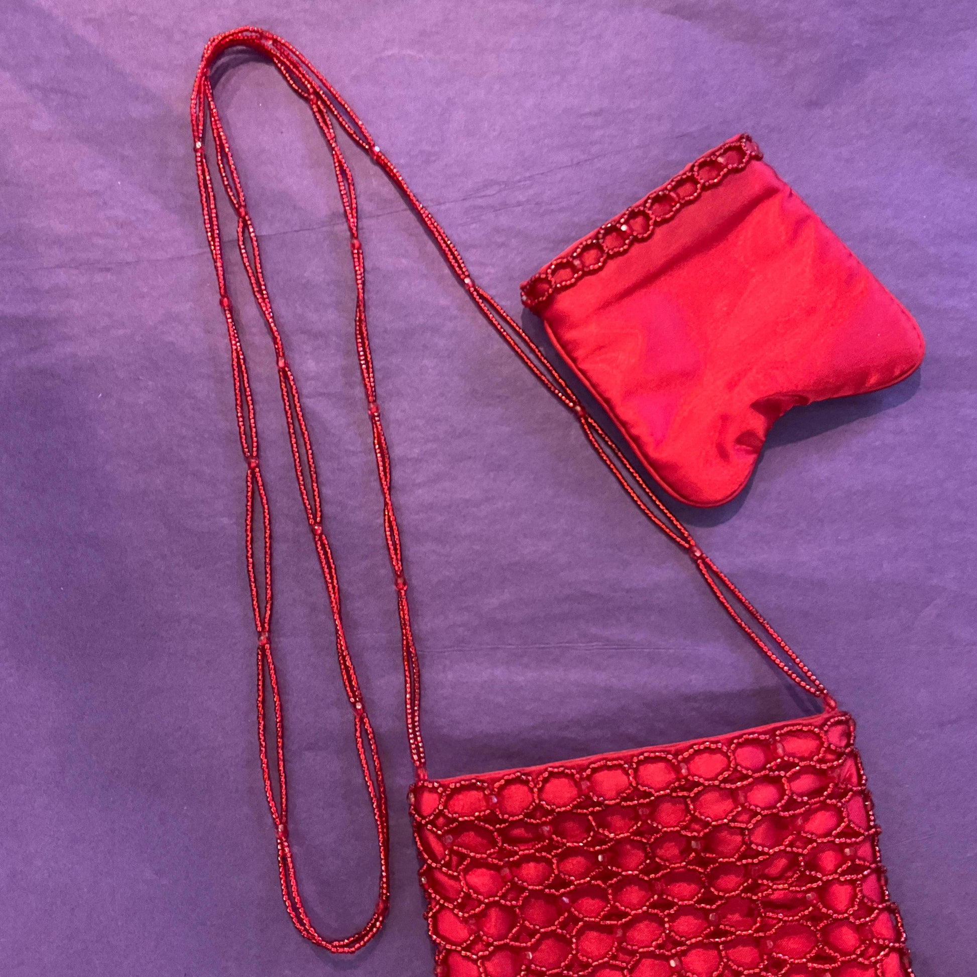 Vintage 1980s St Michael Red Satin Beaded Evening Bag, With Matching Coin Purse, Beaded Shoulder Strap