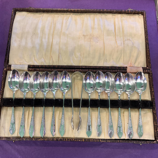 Vintage Silver Plated Art Deco Teaspoon Set , 12 spoons with Sugar Tongs in Original case