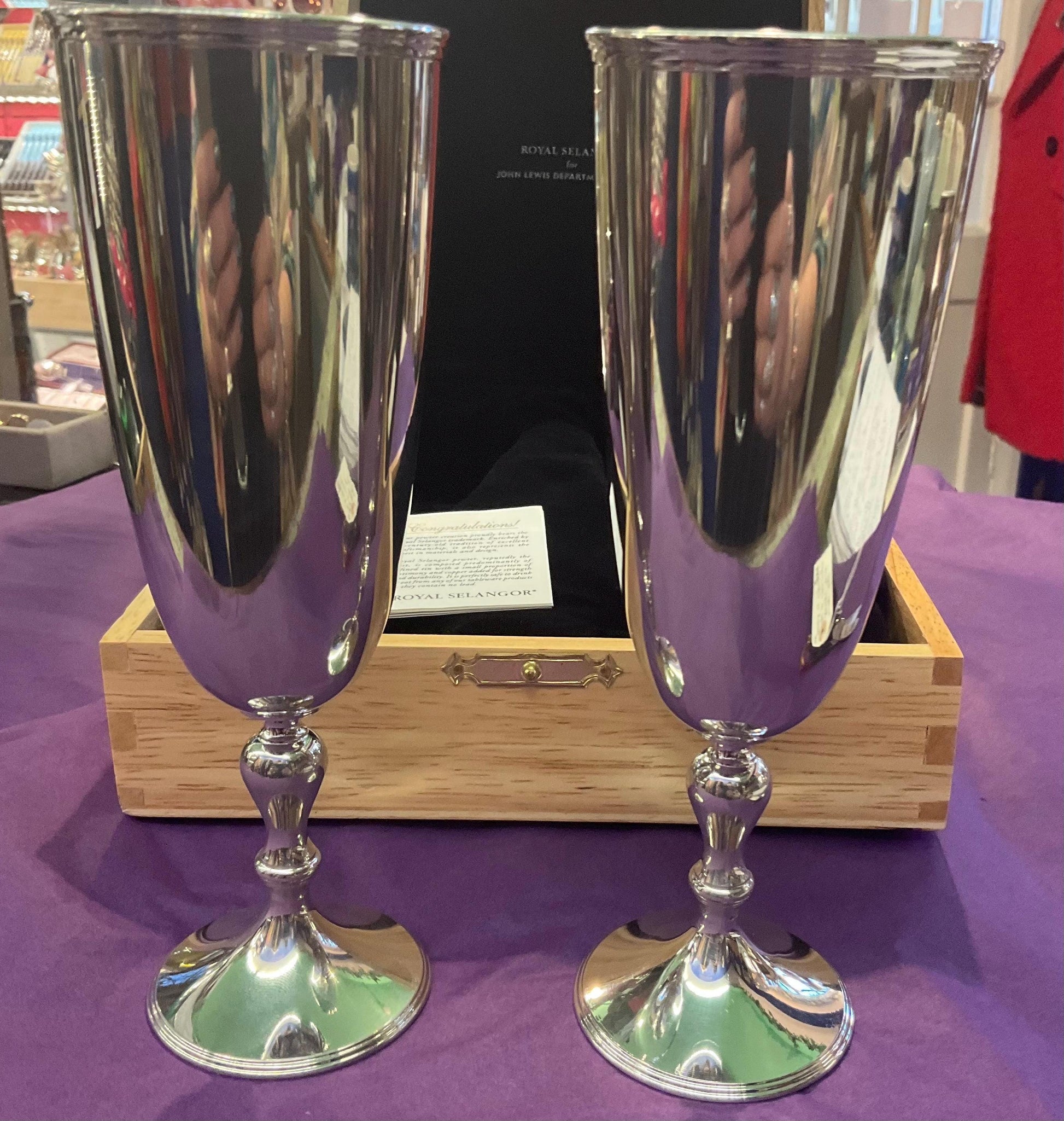 Vintage Royal Selangor Pair of Pewter Champagne Goblets, unused in original presentation case, fine dining, Father’s Day gift