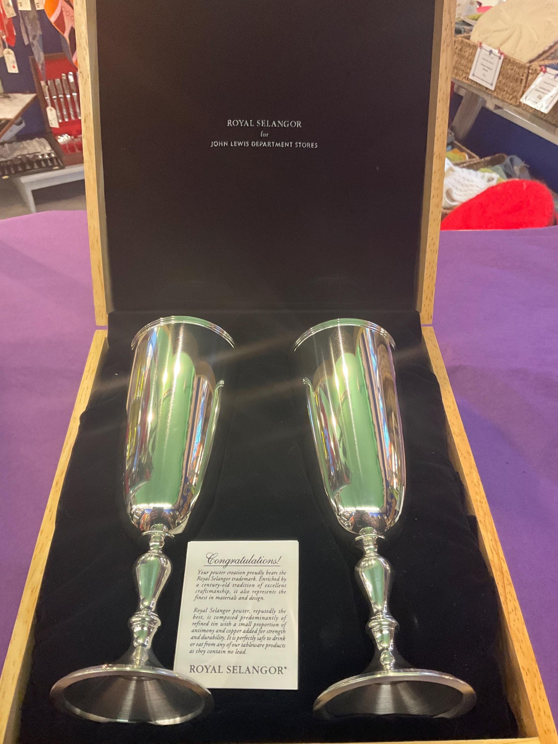 Vintage Royal Selangor Pair of Pewter Champagne Goblets, unused in original presentation case, fine dining, Father’s Day gift