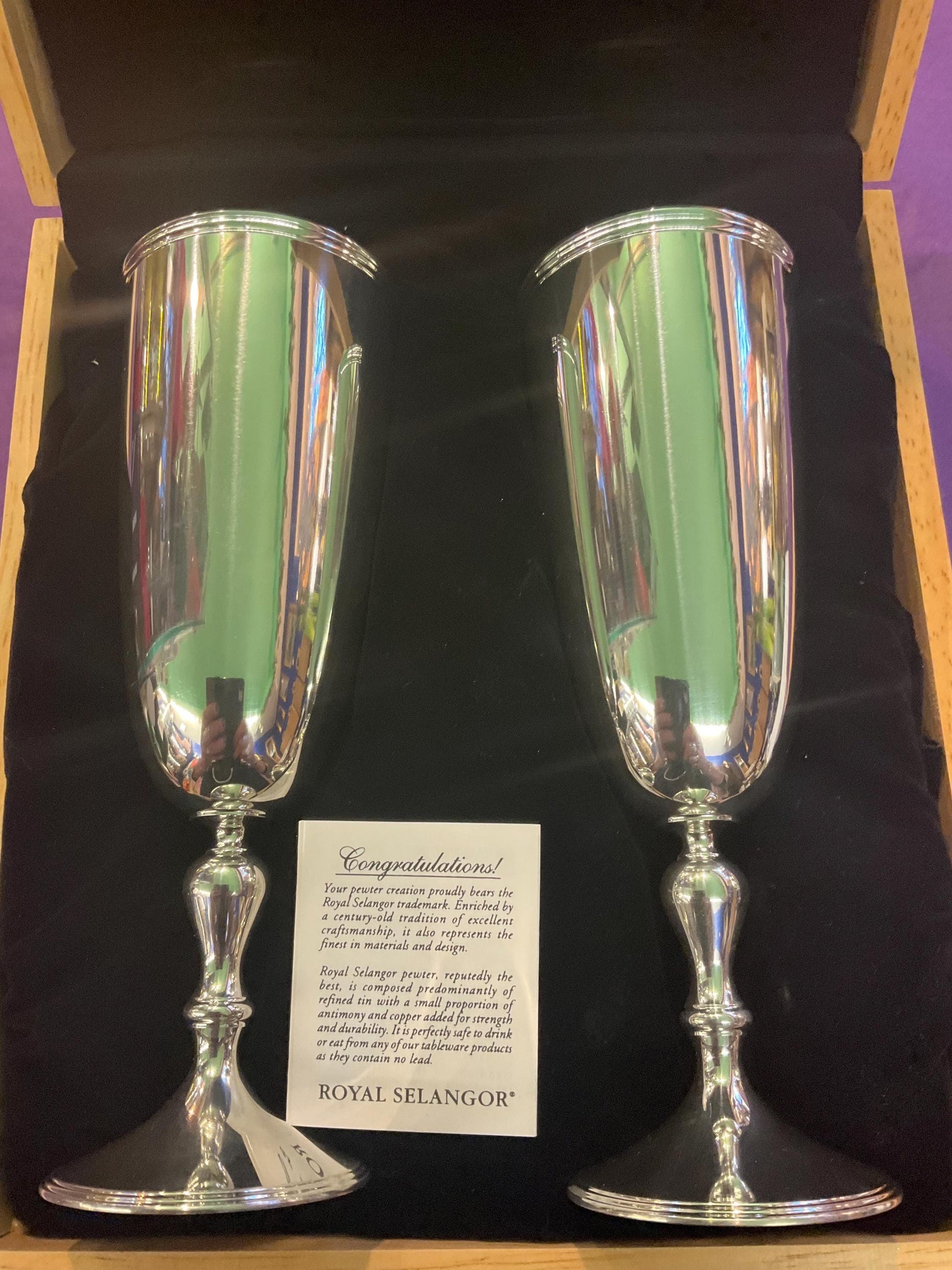Vintage Royal Selangor Pair of Pewter Champagne Goblets, unused in original presentation case, fine dining, Father’s Day gift