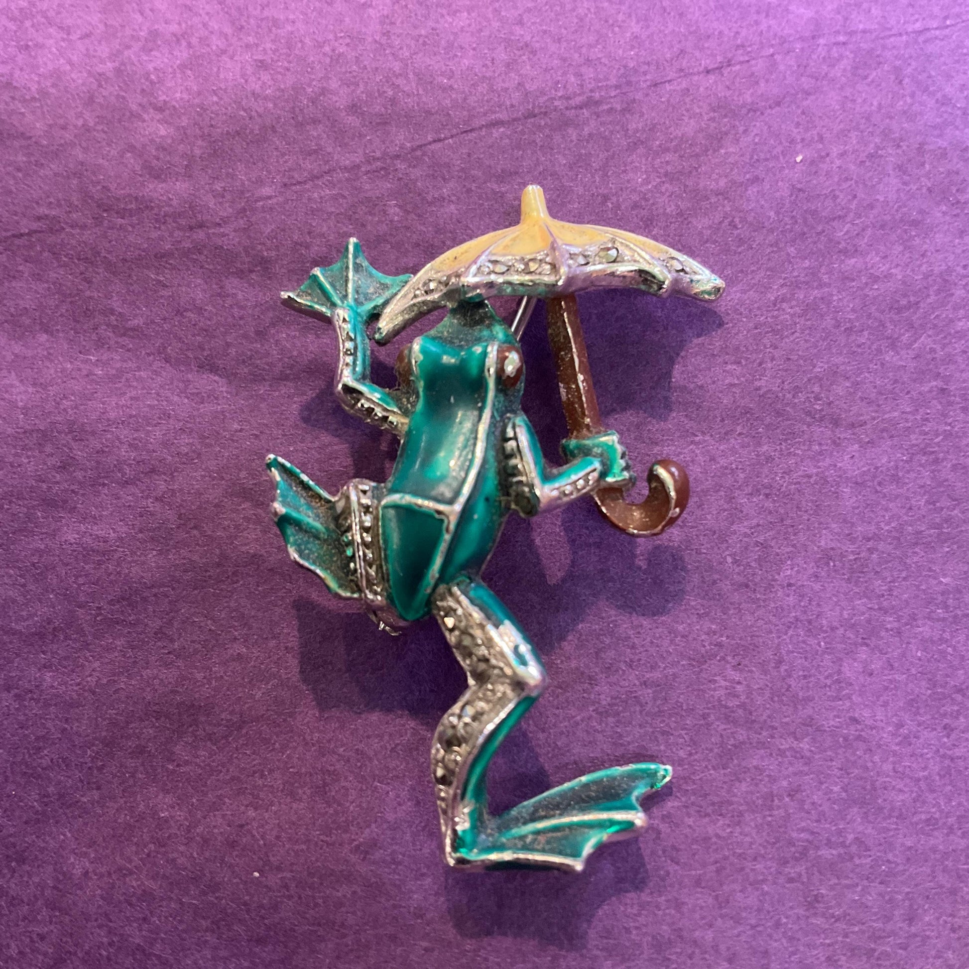 Vintage 1940s Bohemian Marcasite And Enamel Frog With Umbrella Brooch, Silver tone with green and yellow, Mothers Day , Sustainable gift