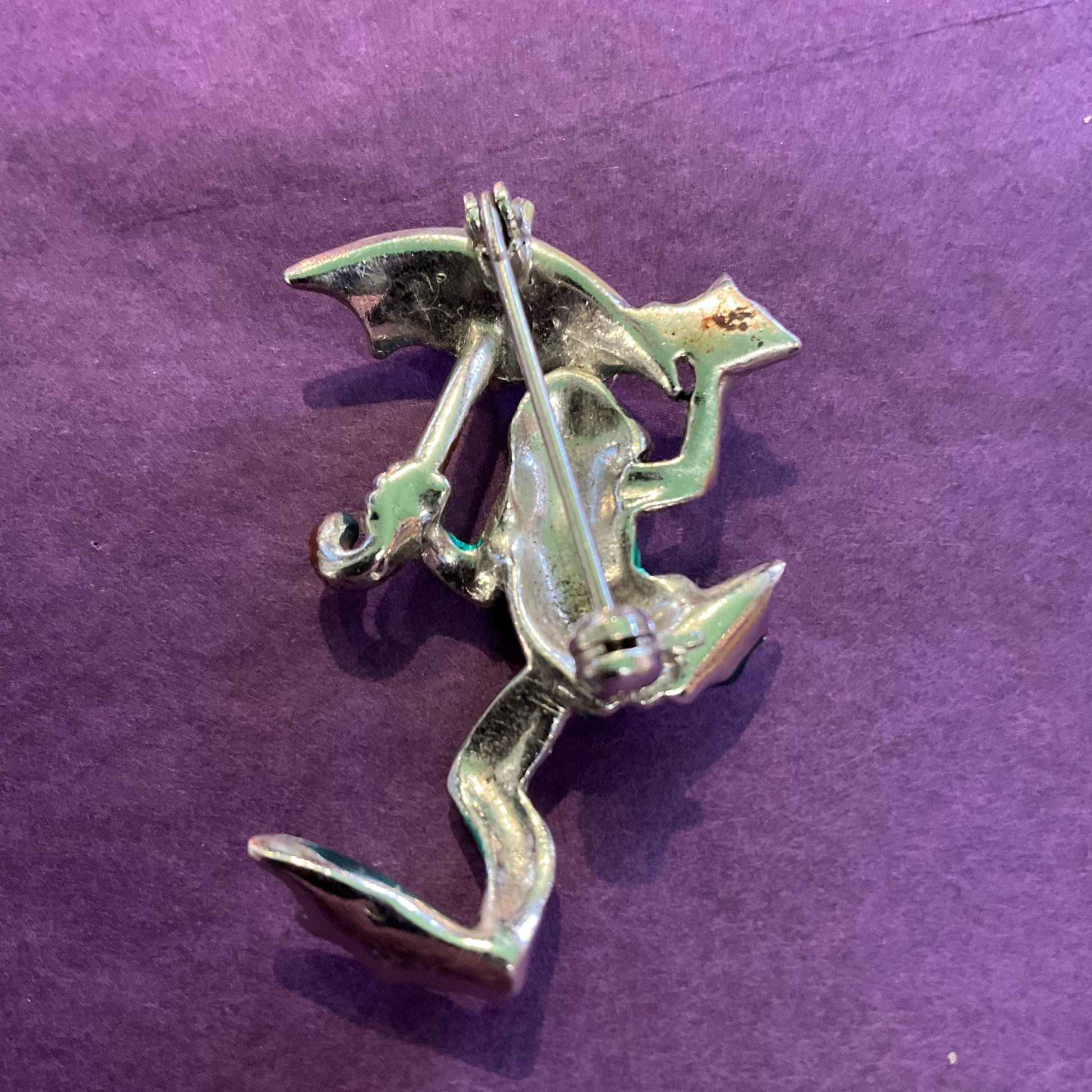 Vintage 1940s Bohemian Marcasite And Enamel Frog With Umbrella Brooch, Silver tone with green and yellow, Mothers Day , Sustainable gift