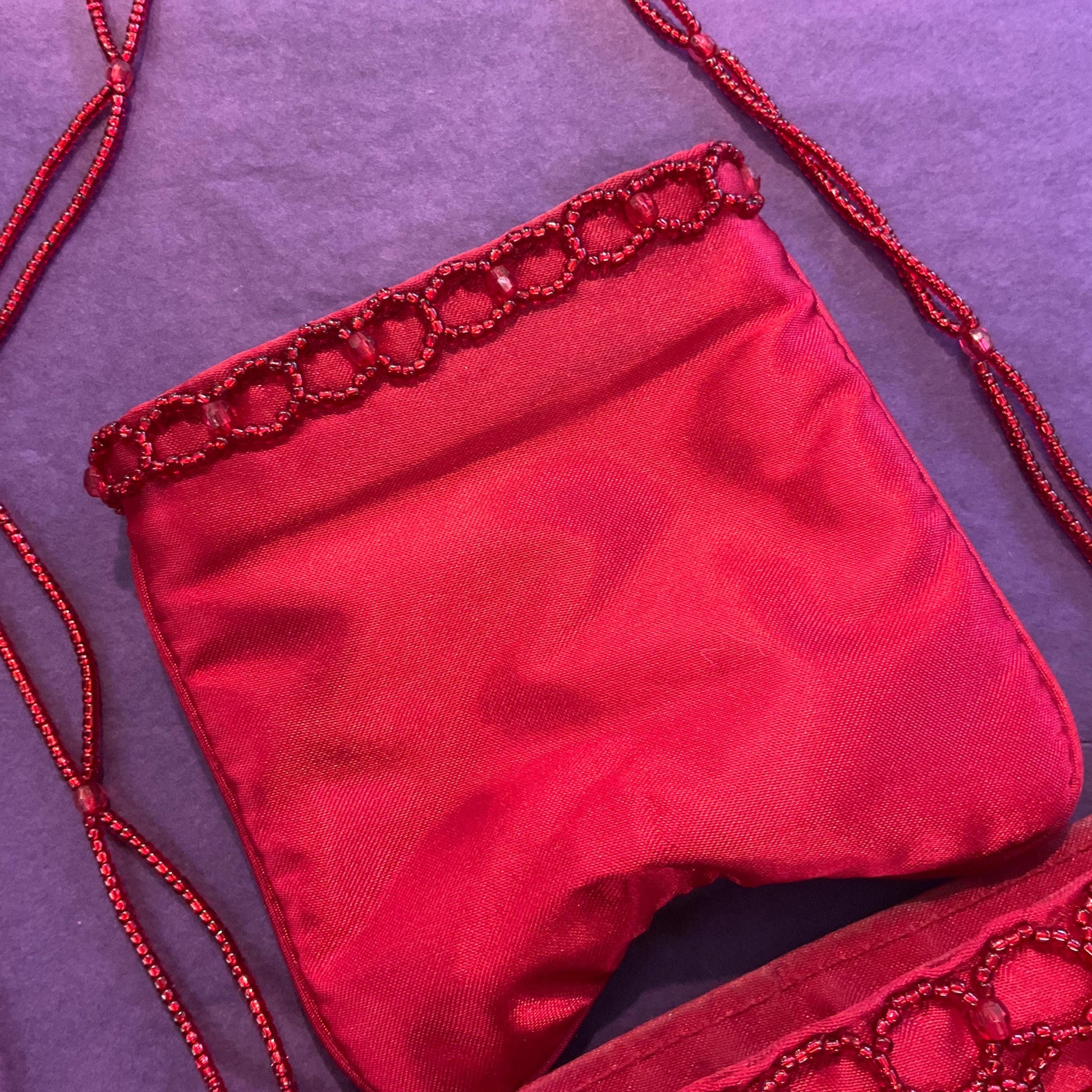 Vintage 1980s St Michael Red Satin Beaded Evening Bag, With Matching Coin Purse, Beaded Shoulder Strap