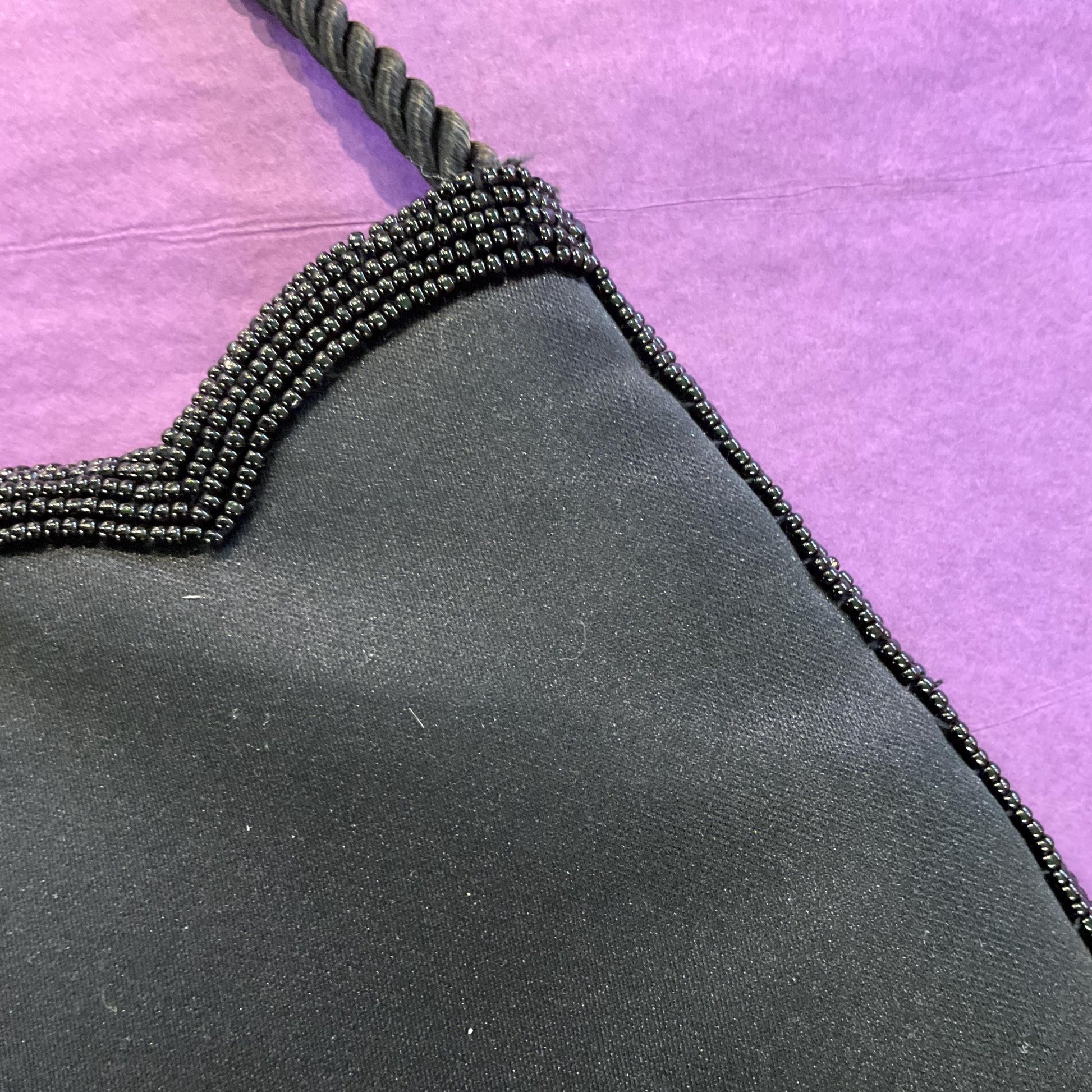 Vintage 1980s Beaded Satin Evening Bag, Black With Metallic Gold, Bronze And Silver Beads, Shoulder Length Strap