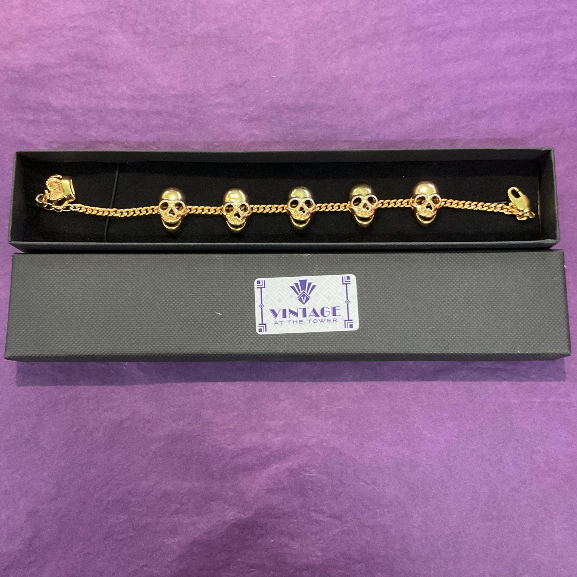Vintage Butler and Wilson Gold Tone Skull Charm Bracelet, rare gold colour, Signed as new, steampunk fan gift