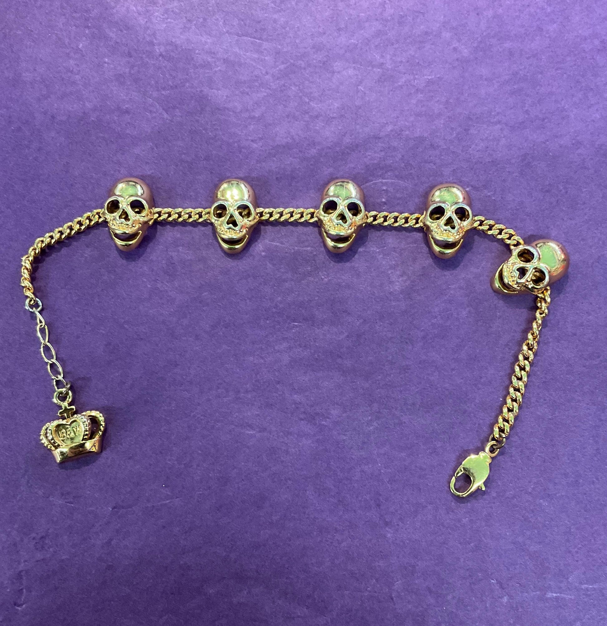 Vintage Butler and Wilson Gold Tone Skull Charm Bracelet, rare gold colour, Signed as new, steampunk fan gift