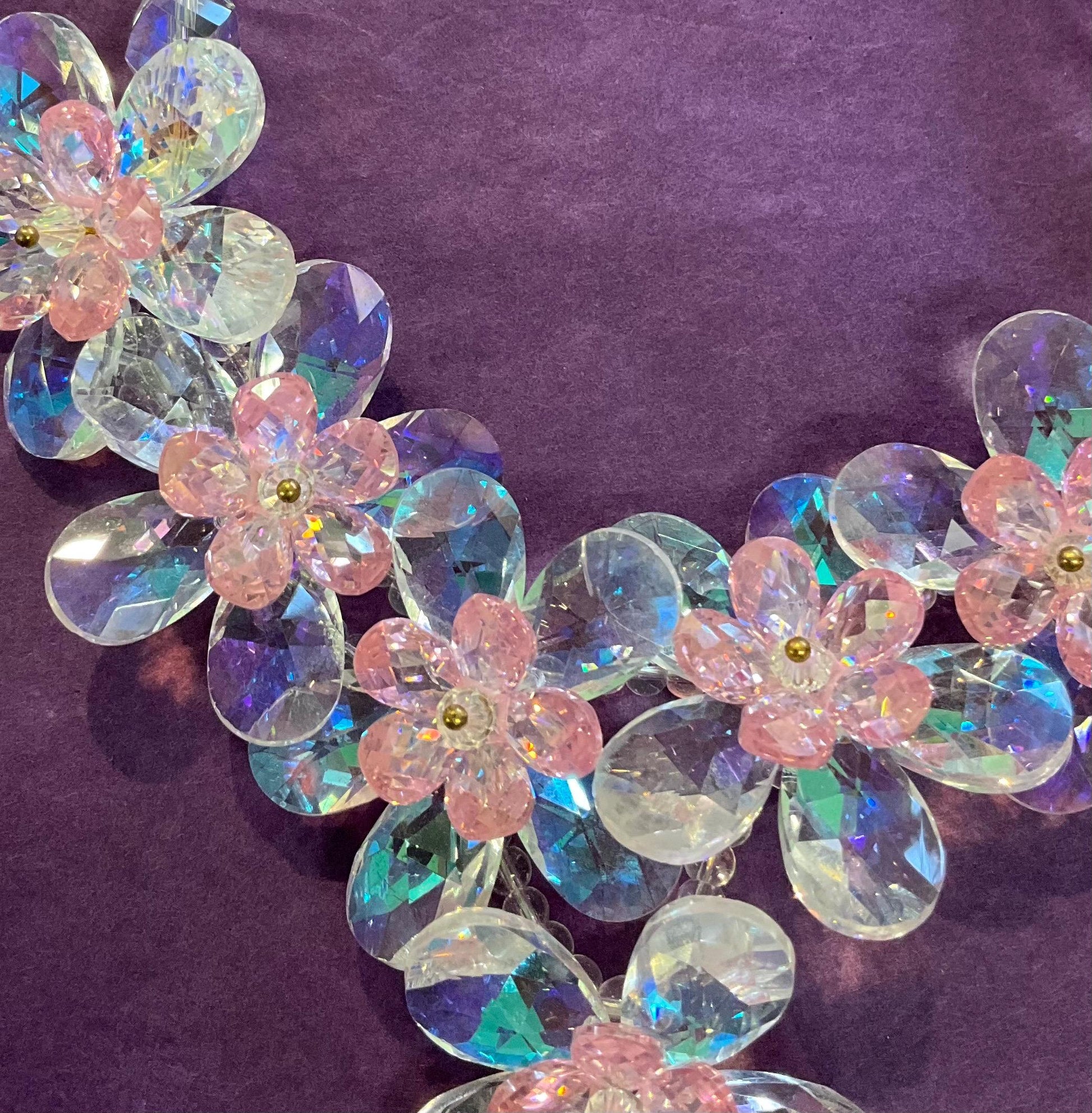 Vintage Butler And Wilson Crystal Floral Garland Beaded Necklace, Aurora Borealis And Pale Pink Crystal Flowers, Signed In Original Box