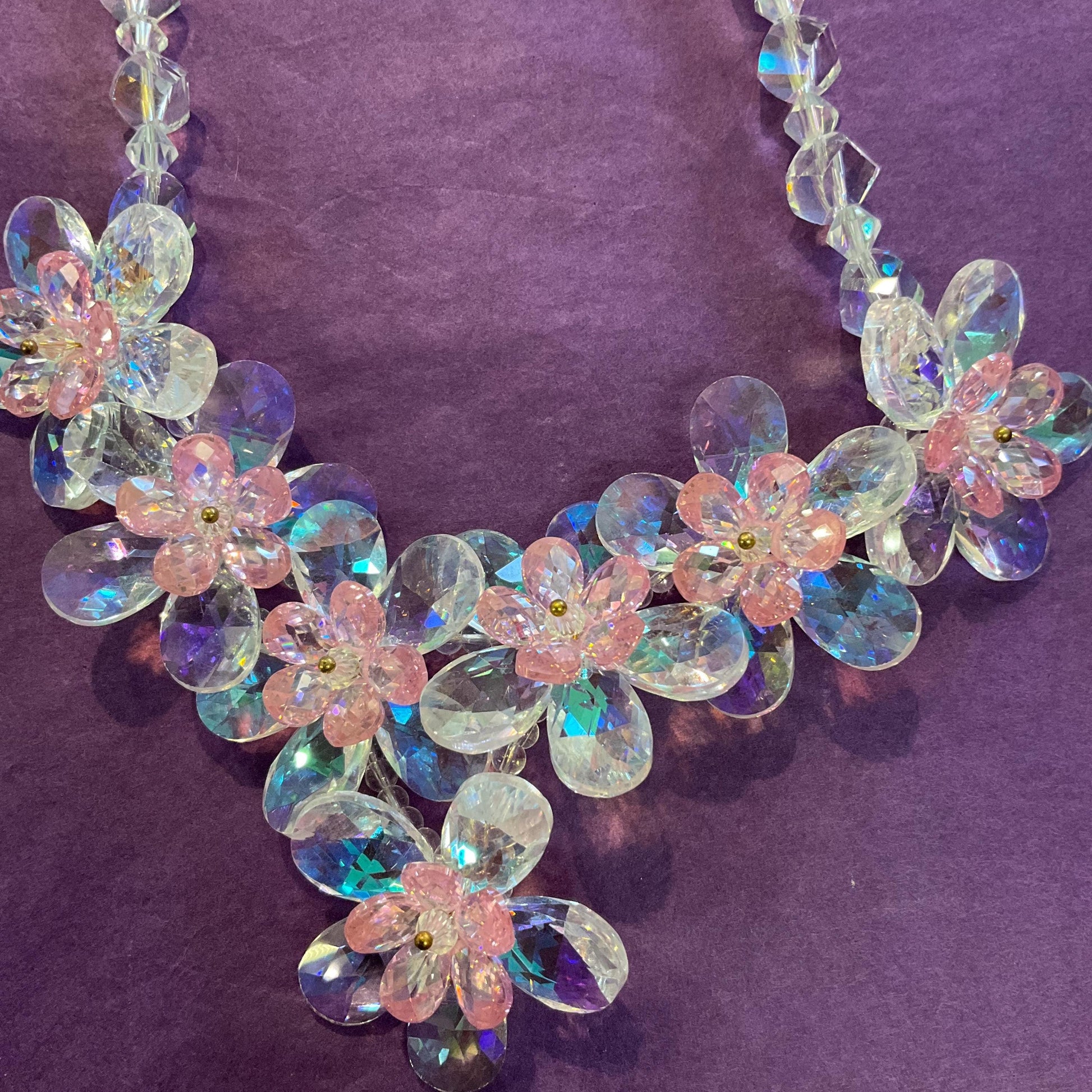 Vintage Butler And Wilson Crystal Floral Garland Beaded Necklace, Aurora Borealis And Pale Pink Crystal Flowers, Signed In Original Box