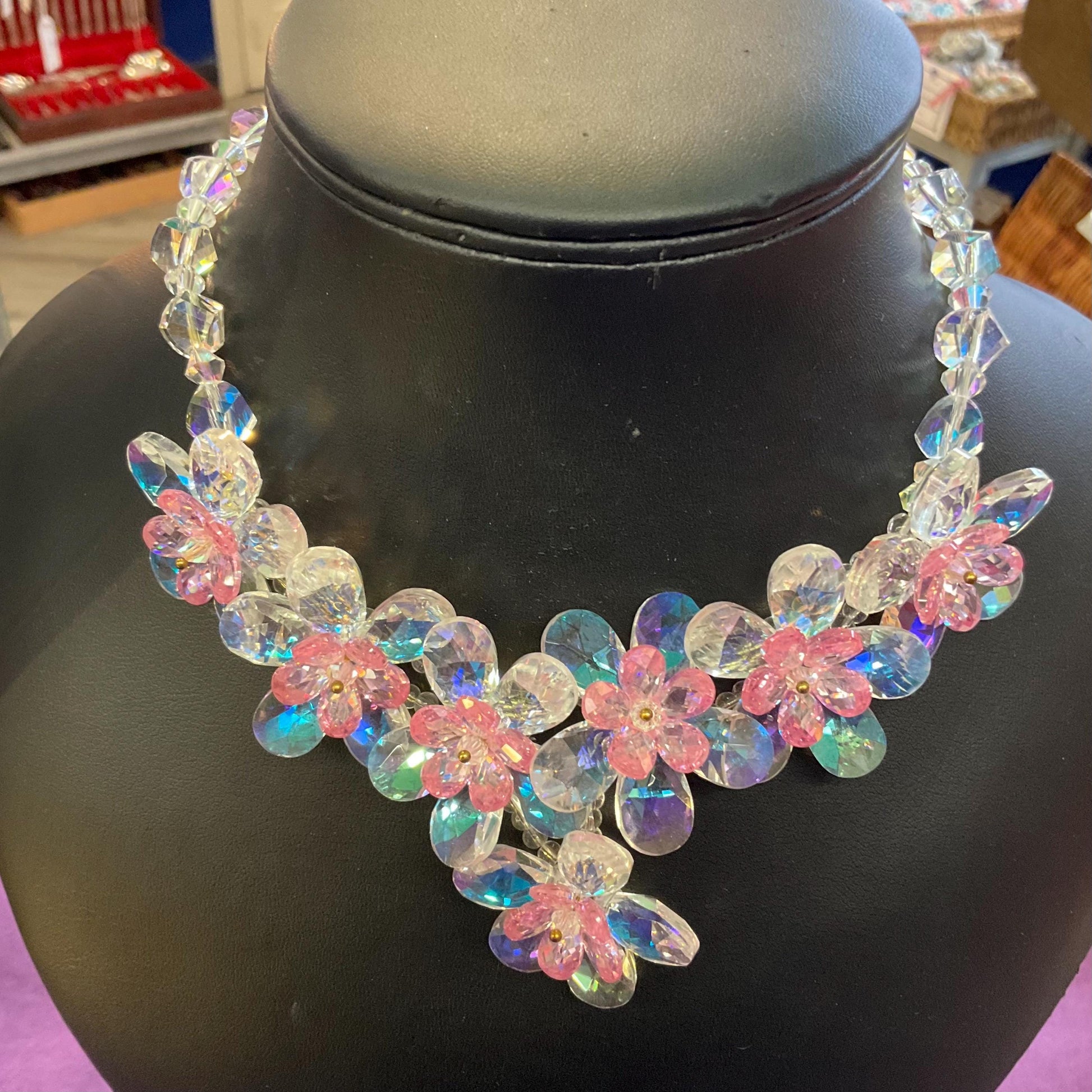 Vintage Butler And Wilson Crystal Floral Garland Beaded Necklace, Aurora Borealis And Pale Pink Crystal Flowers, Signed In Original Box