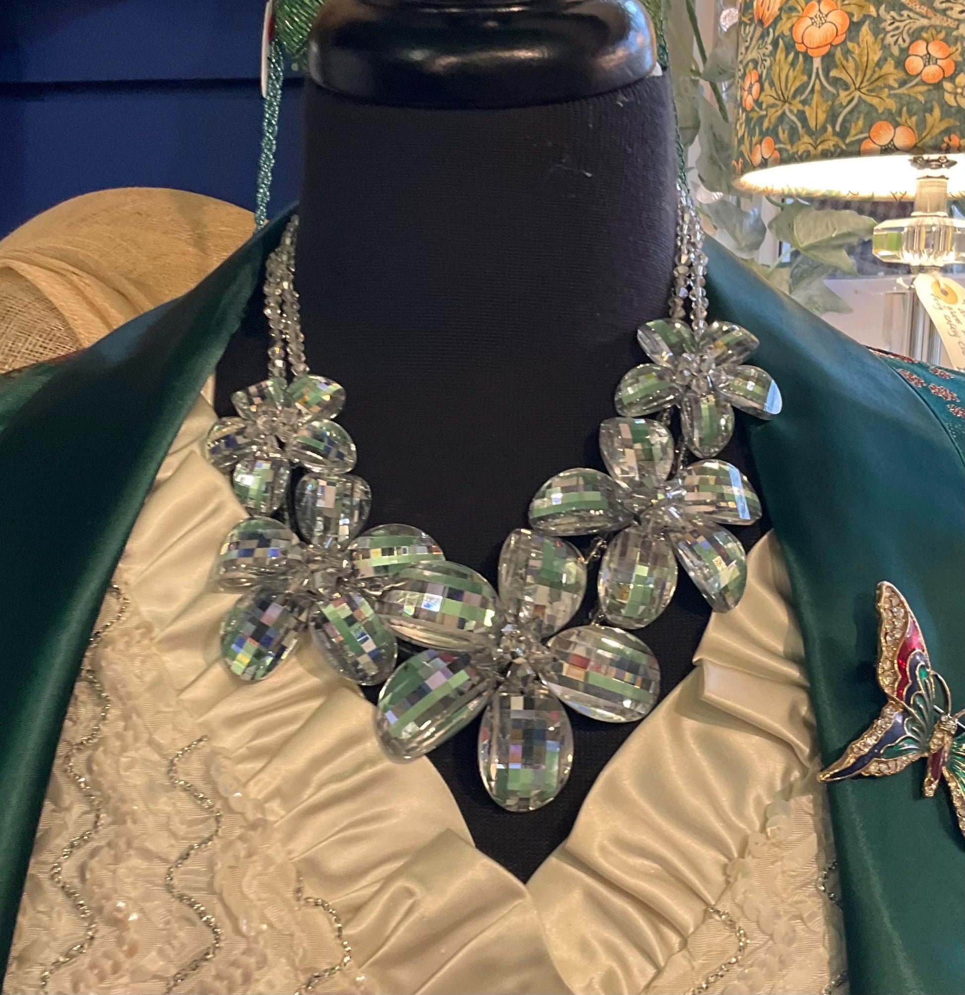 Vintage Butler And Wilson Statement Silver Crystal Floral Necklace And Bracelet Set, Wedding, Floral Event, Signed In Original Box