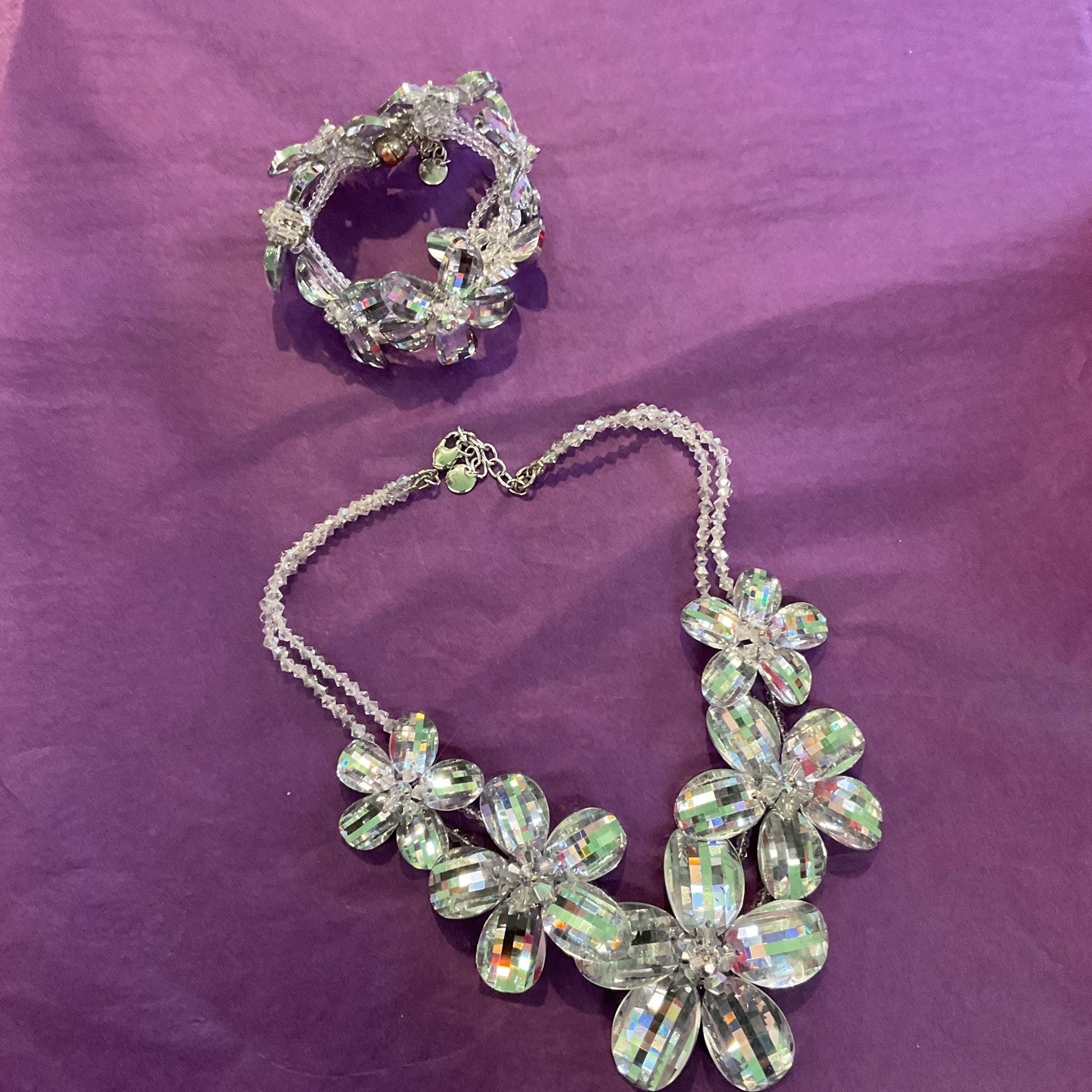 Vintage Butler And Wilson Statement Silver Crystal Floral Necklace And Bracelet Set, Wedding, Floral Event, Signed In Original Box
