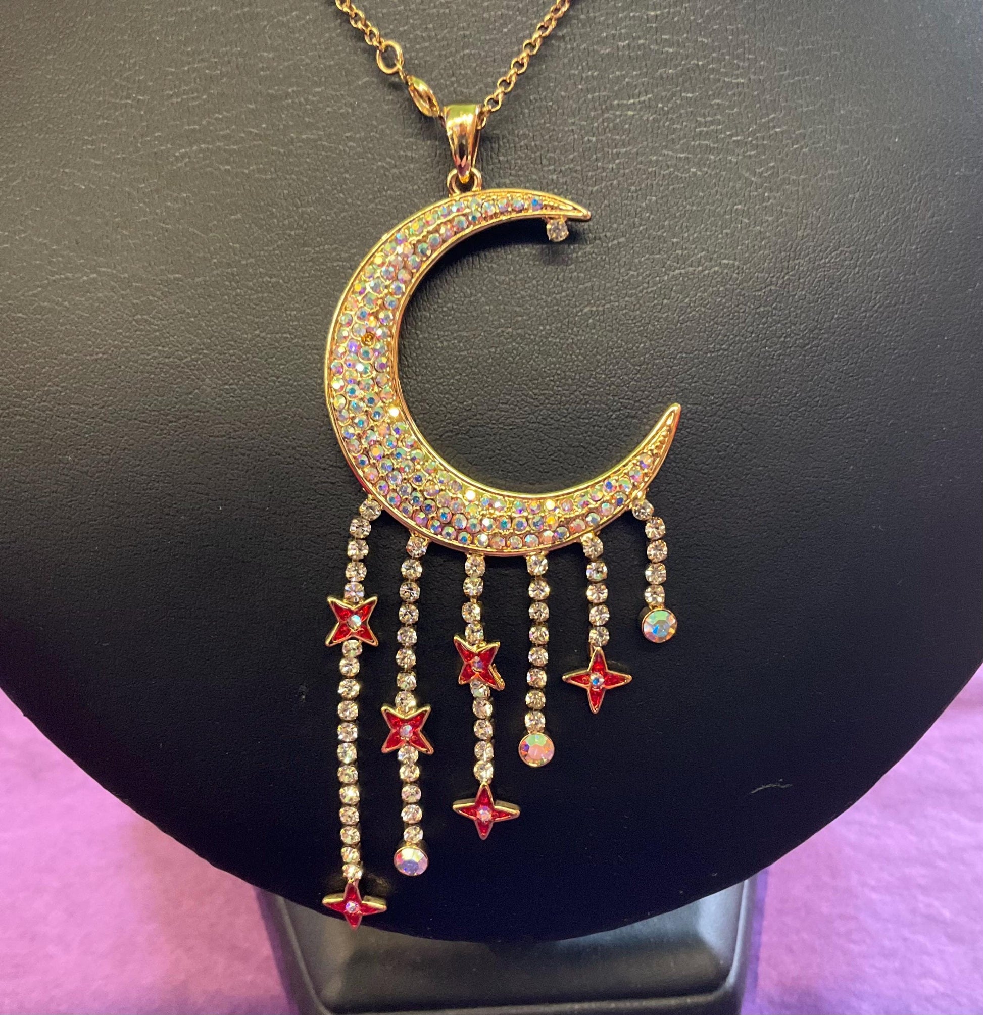 Vintage Butler And Wilson Crescent Moon And Stars Crystal Large Pendant, Gold Tone With Aurora Borealis Crystals, Red Enamel, Signed In OB